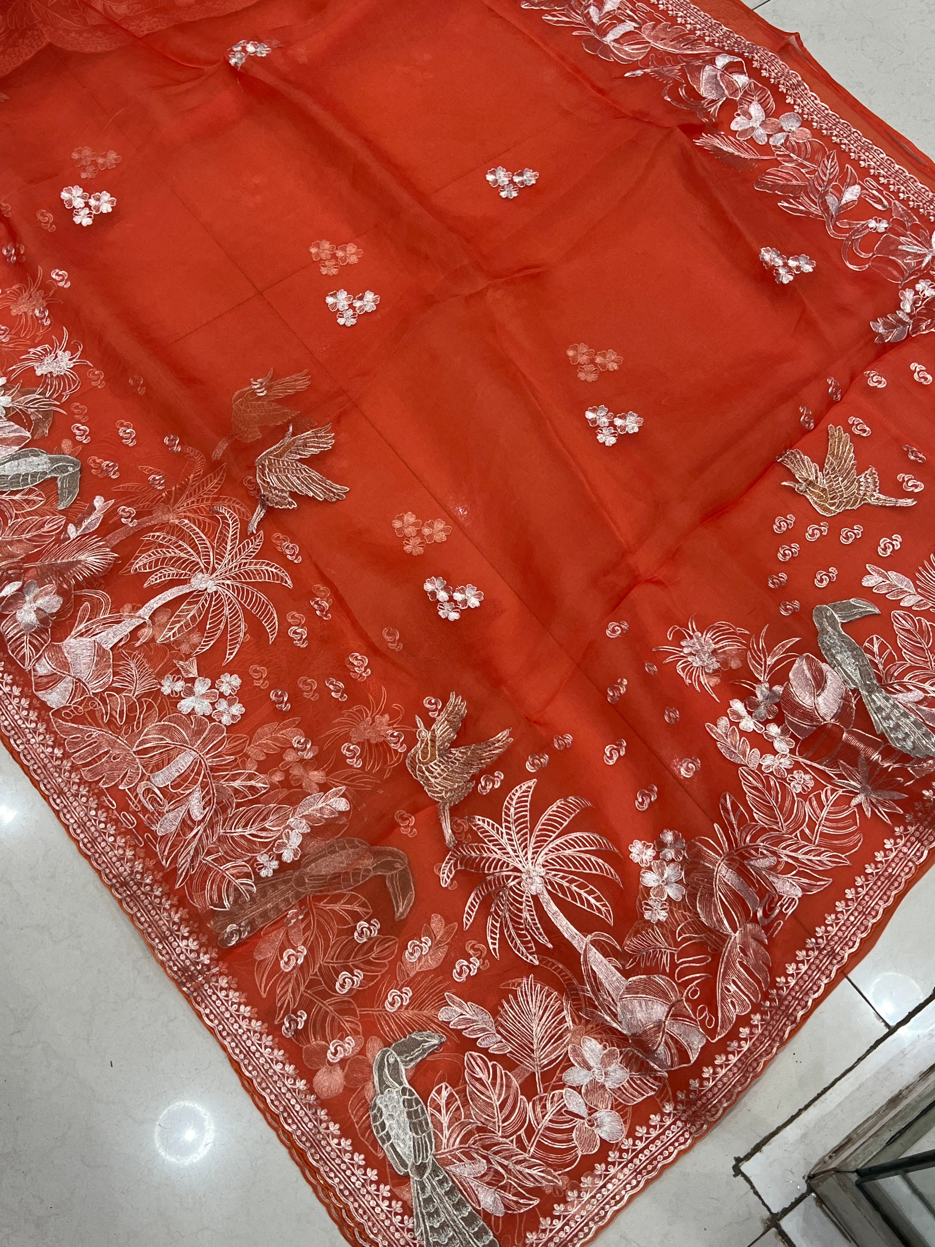 Orange Pitta Hand Embroidery Organza Saree