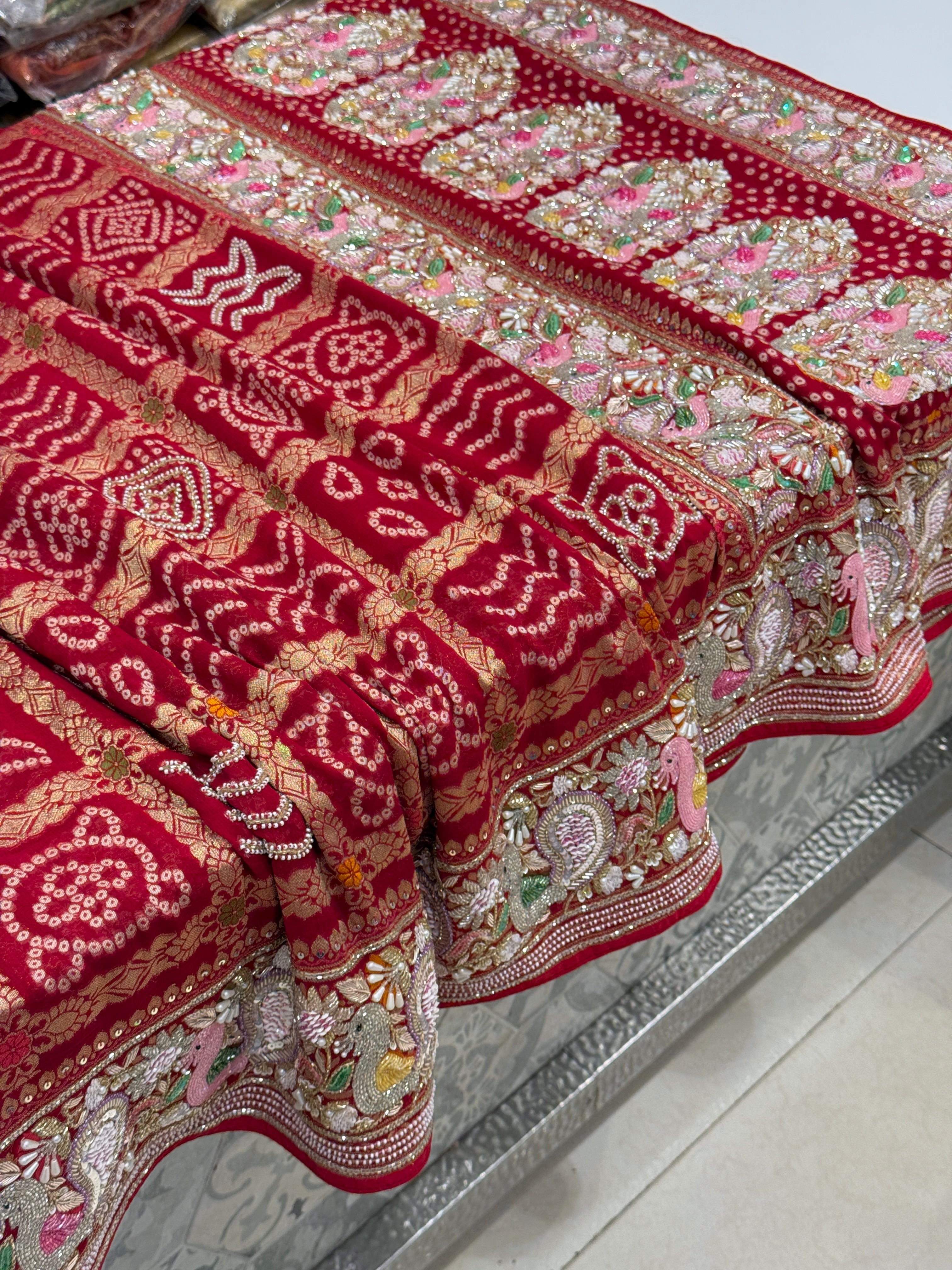 Red Gharchola Moti Sequin Zardosi Hand Embroidery Georgette Saree