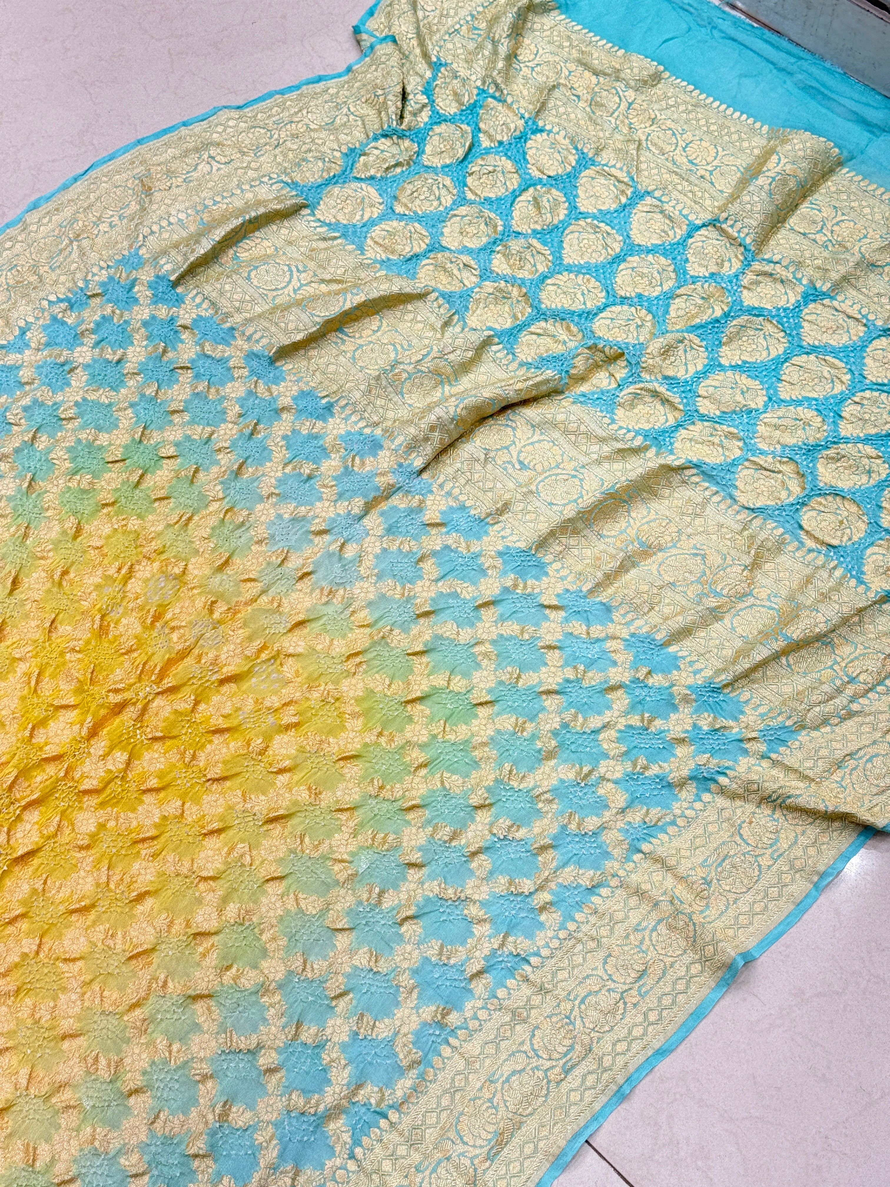 Light Blue Yellow Shaded Bandhej Bandhini Saree