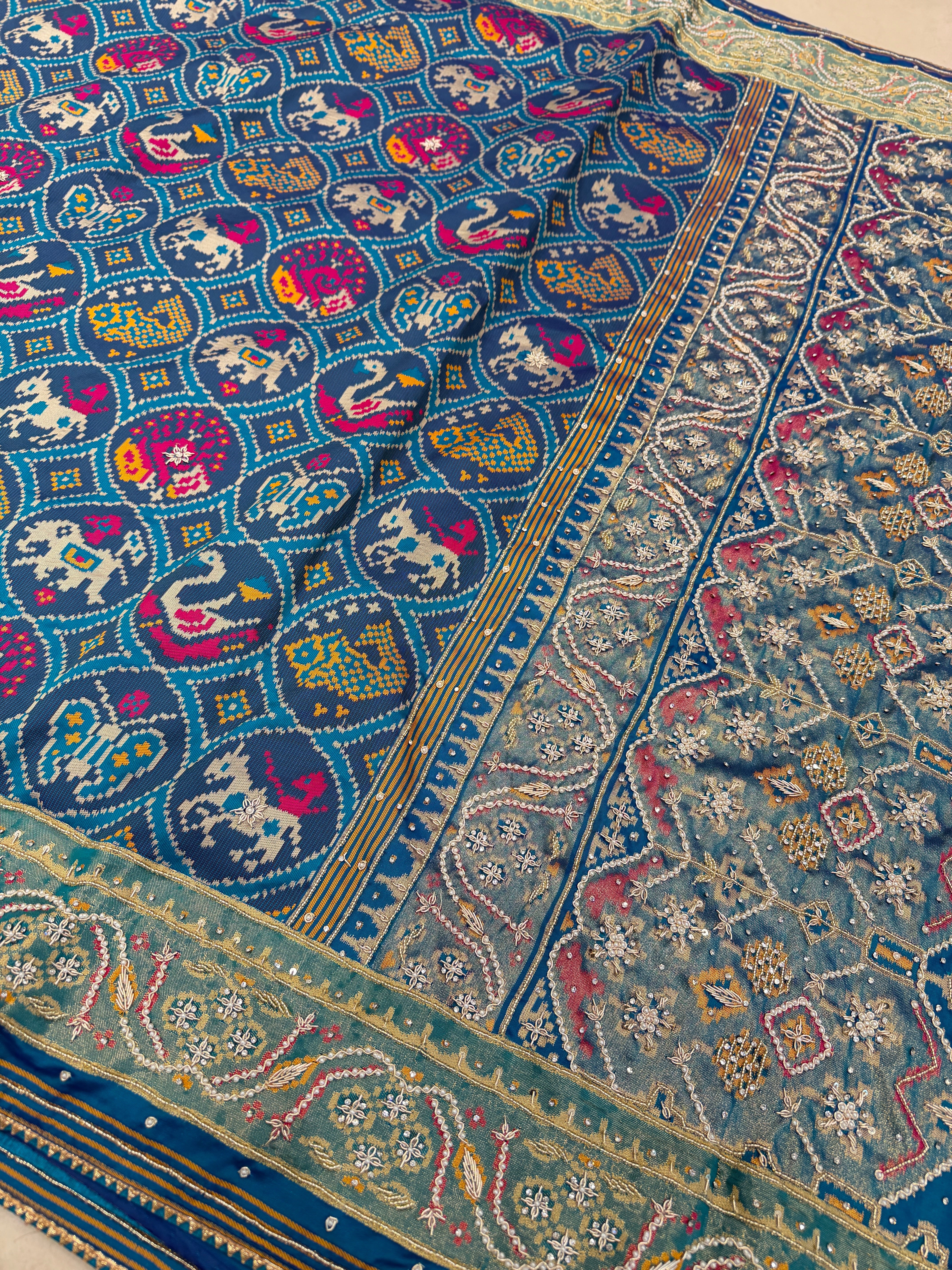 Blue Figure Banarasi Hand Embroidery Patola Saree