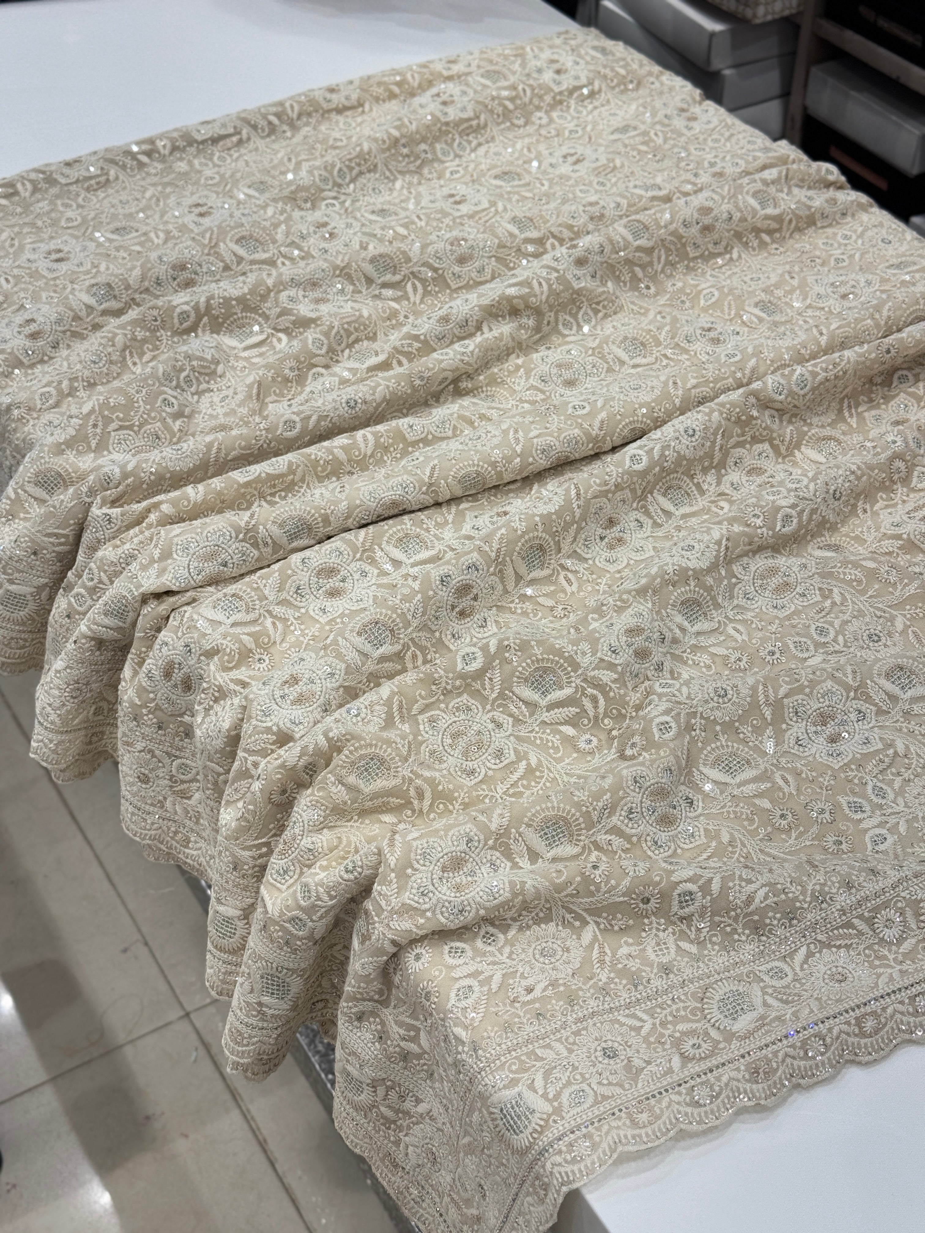 Moti White Chikankari Small Scallop Design Saree