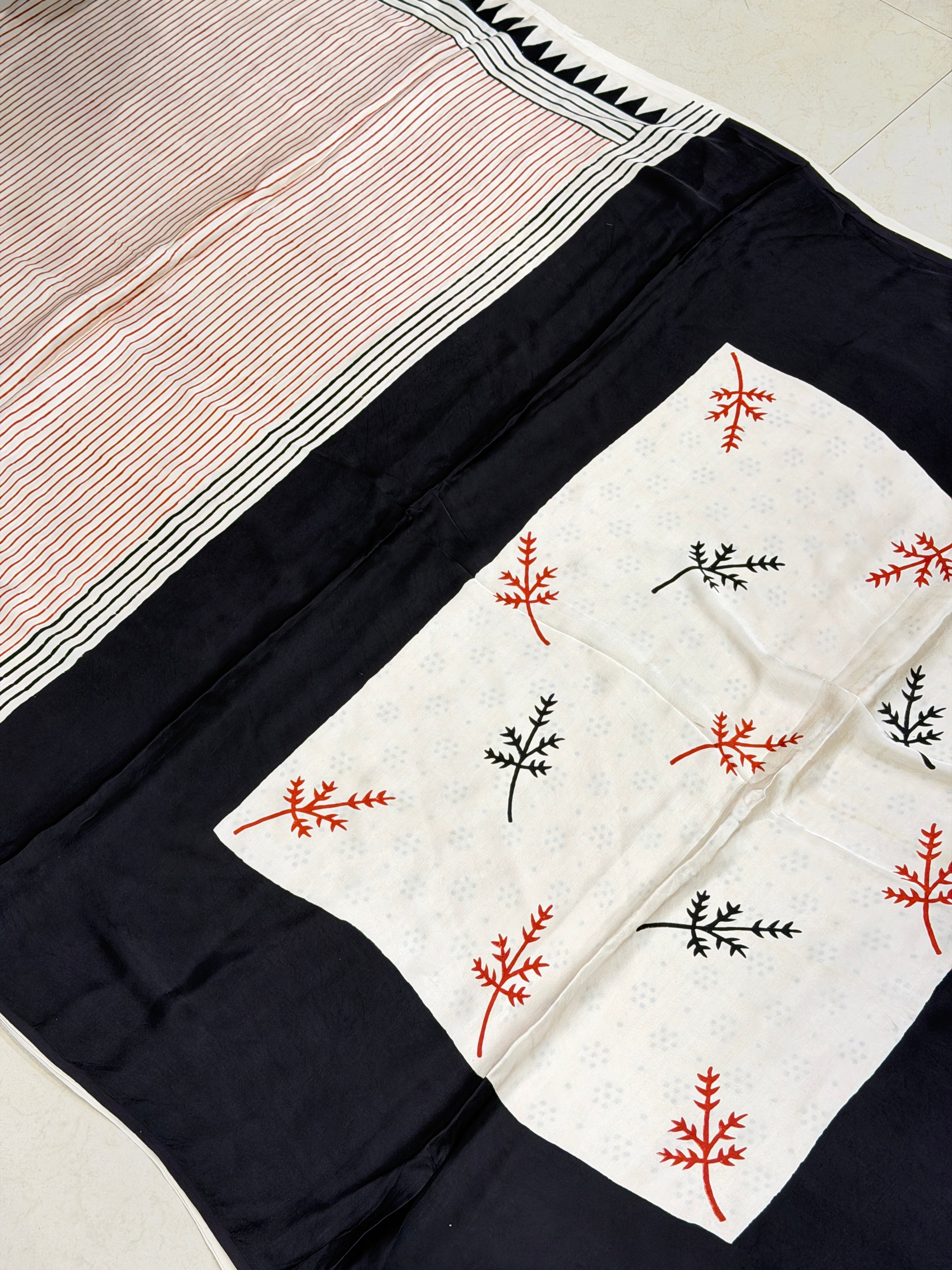 White Contemporary Ajrakh Hand Block Print Pure Gajji Silk Saree