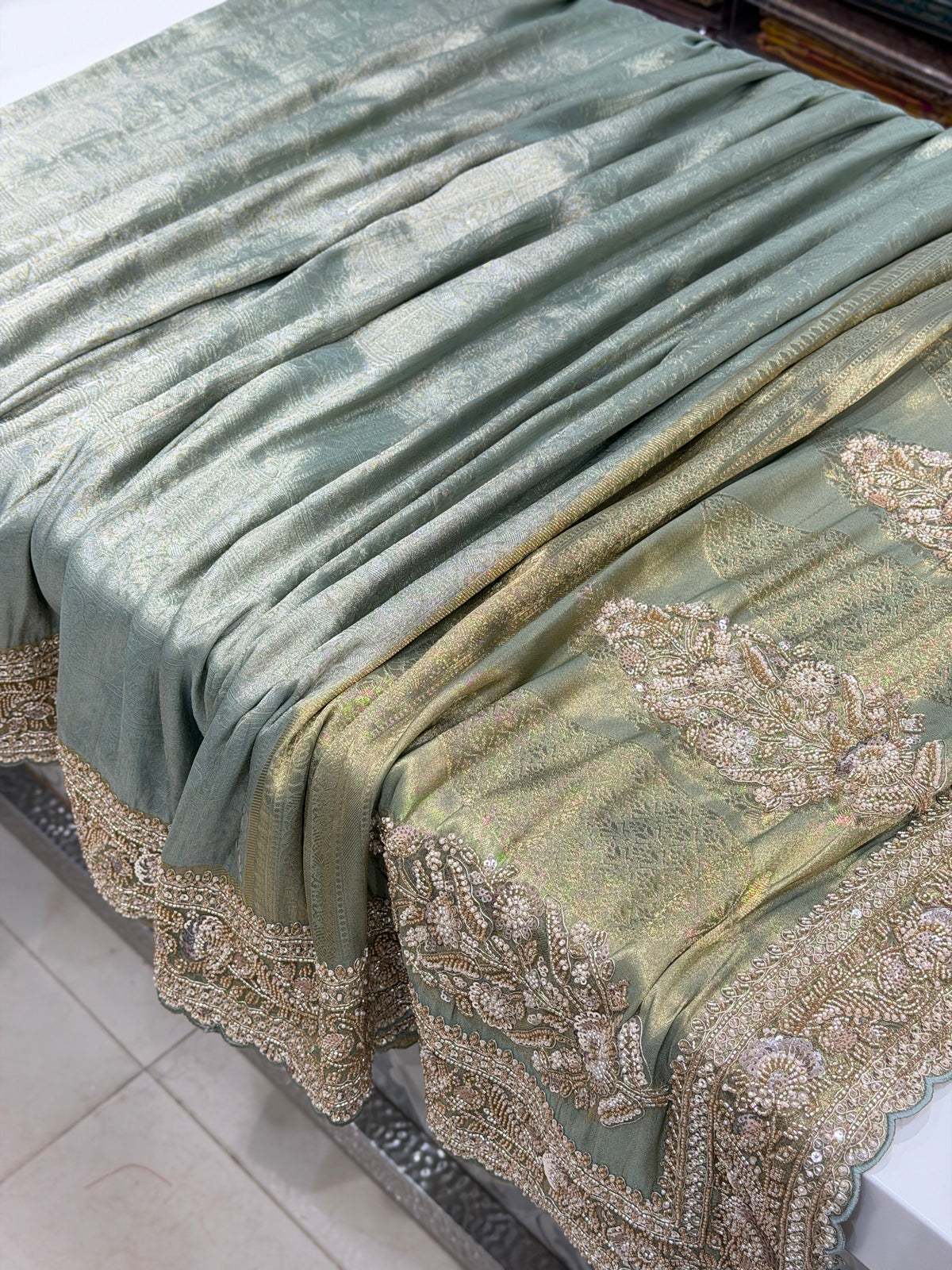 Sea Green Woven Tissue Silk Moti Sequin Saree