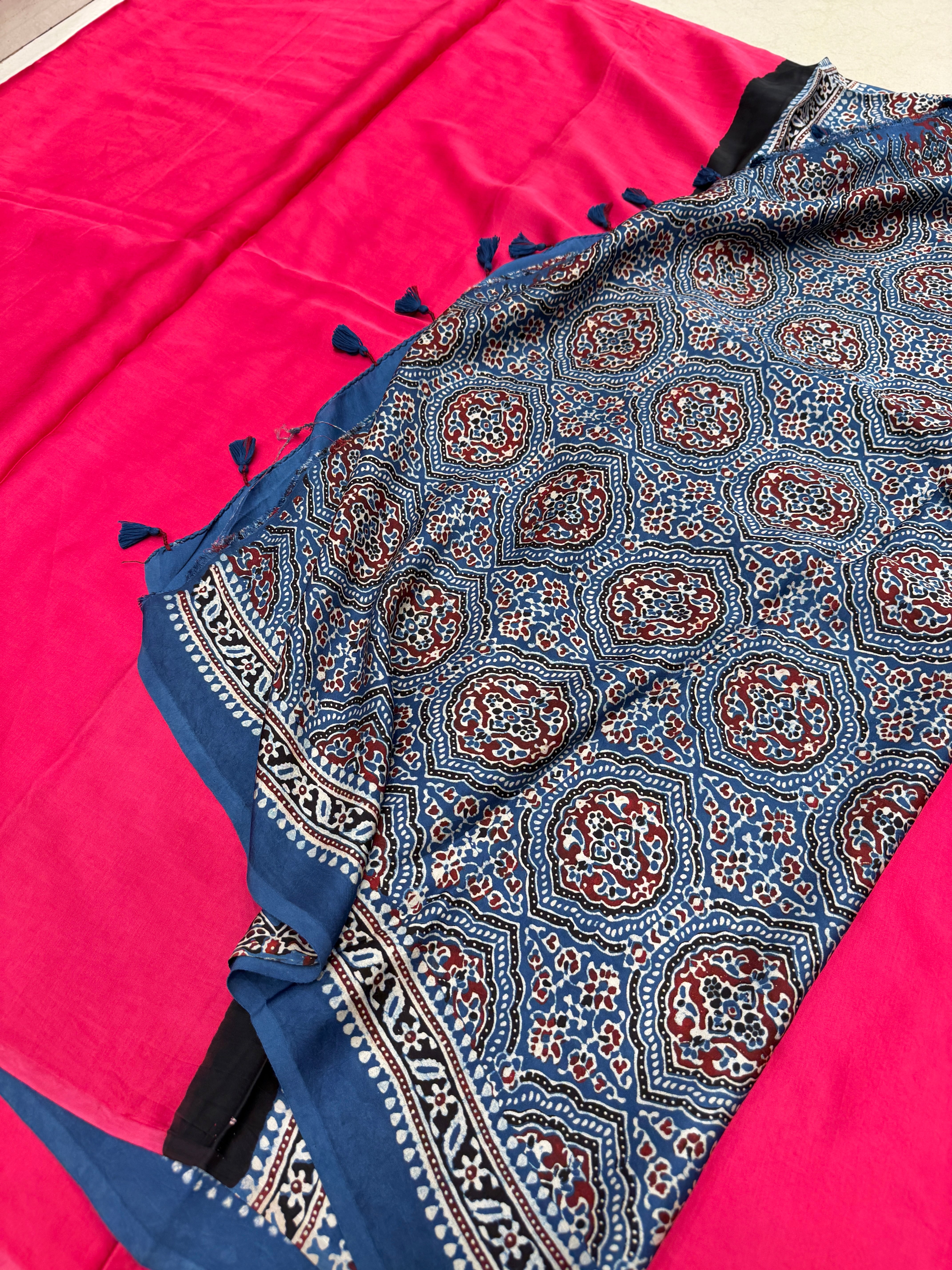 Rani Gala Ajrakh Block Print Hand Pure Gajji Silk Saree