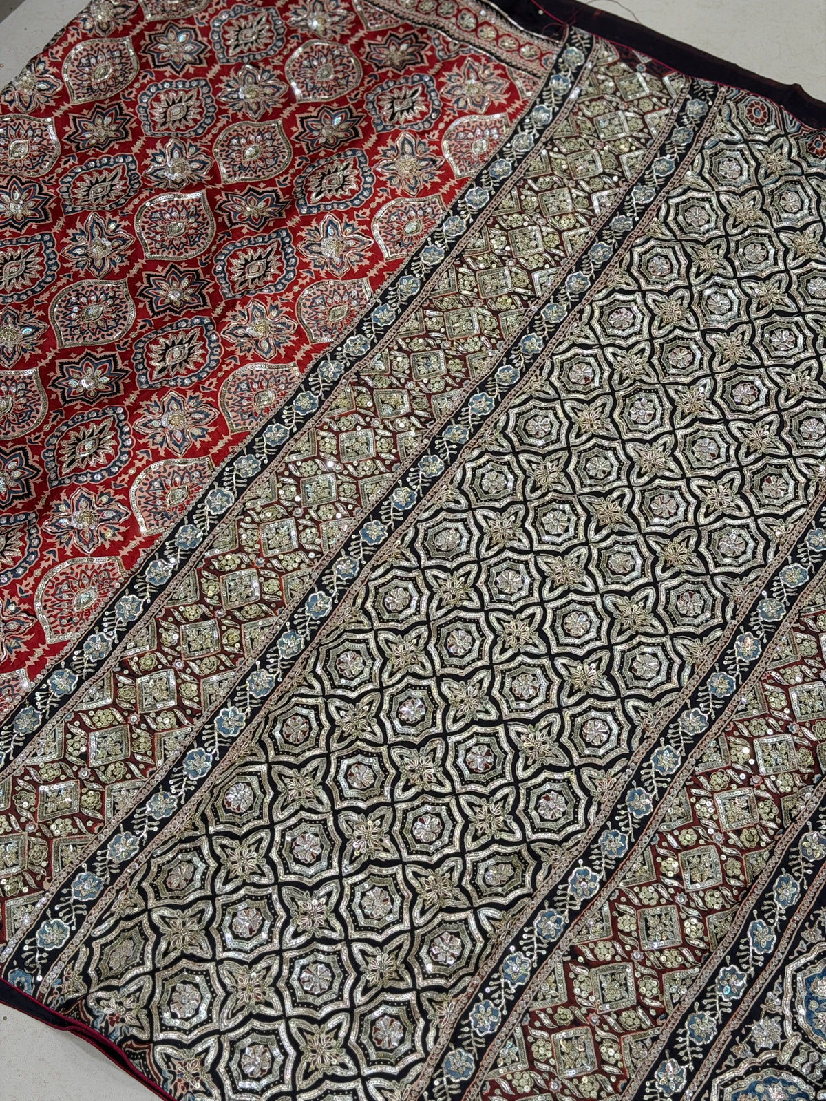 Red Badam Butta Pita Zardosi Sequin Ajrakh Hand Embroidery Saree