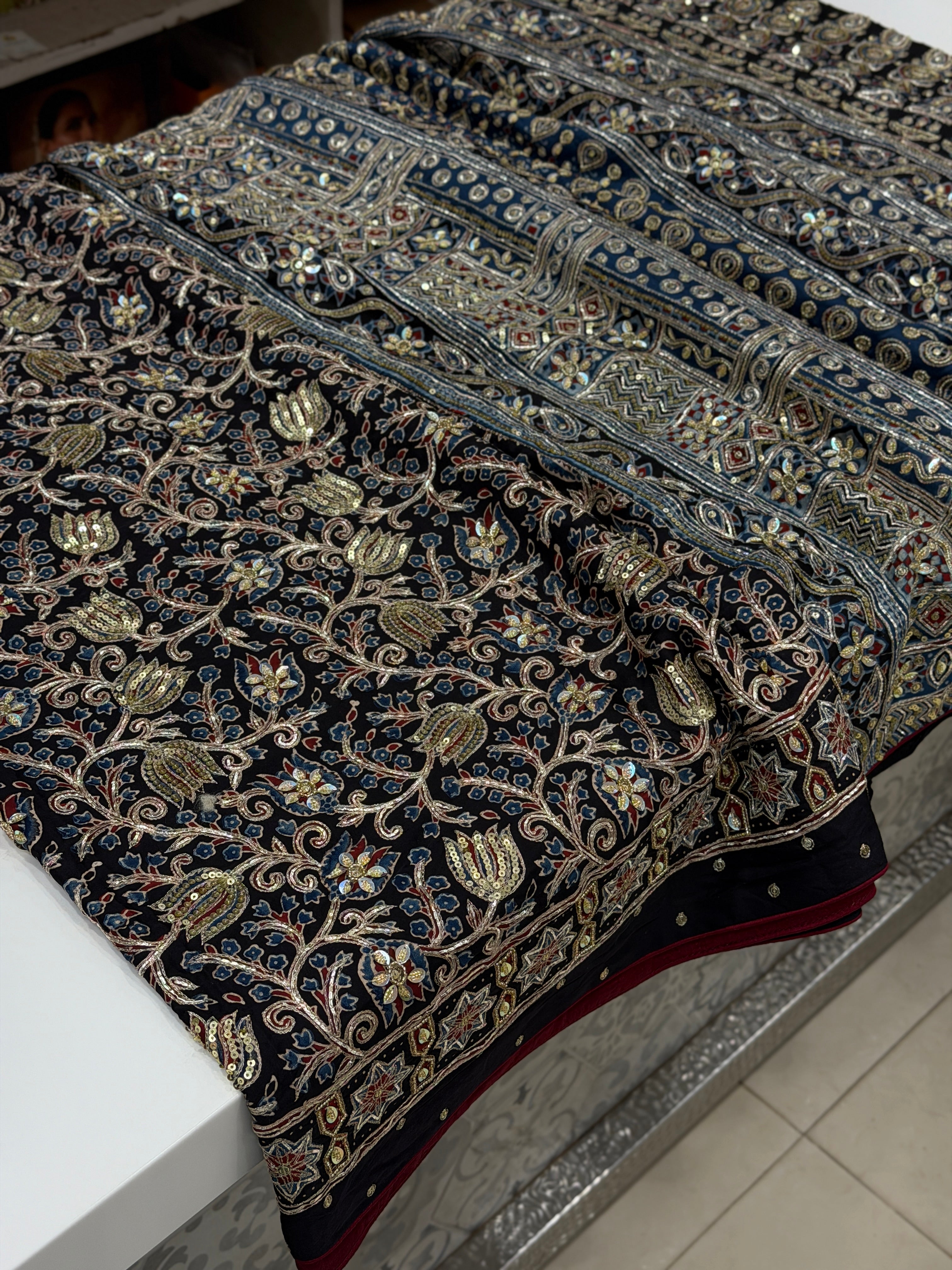 Black Blue Jaal Pita Sequin Ajrakh Hand Embroidery Saree
