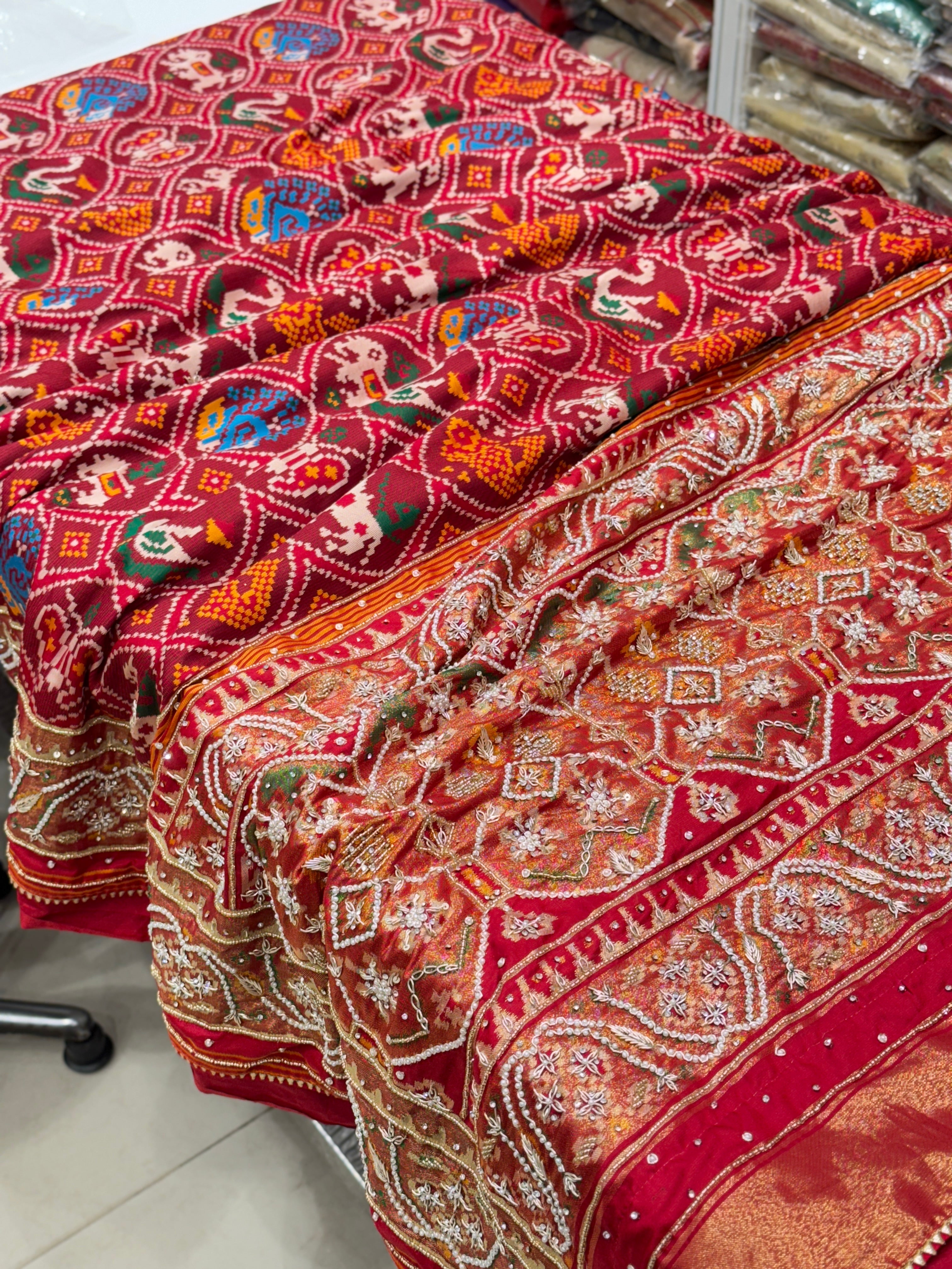 Maroon Patola Figures Zardosi Embroidery Saree