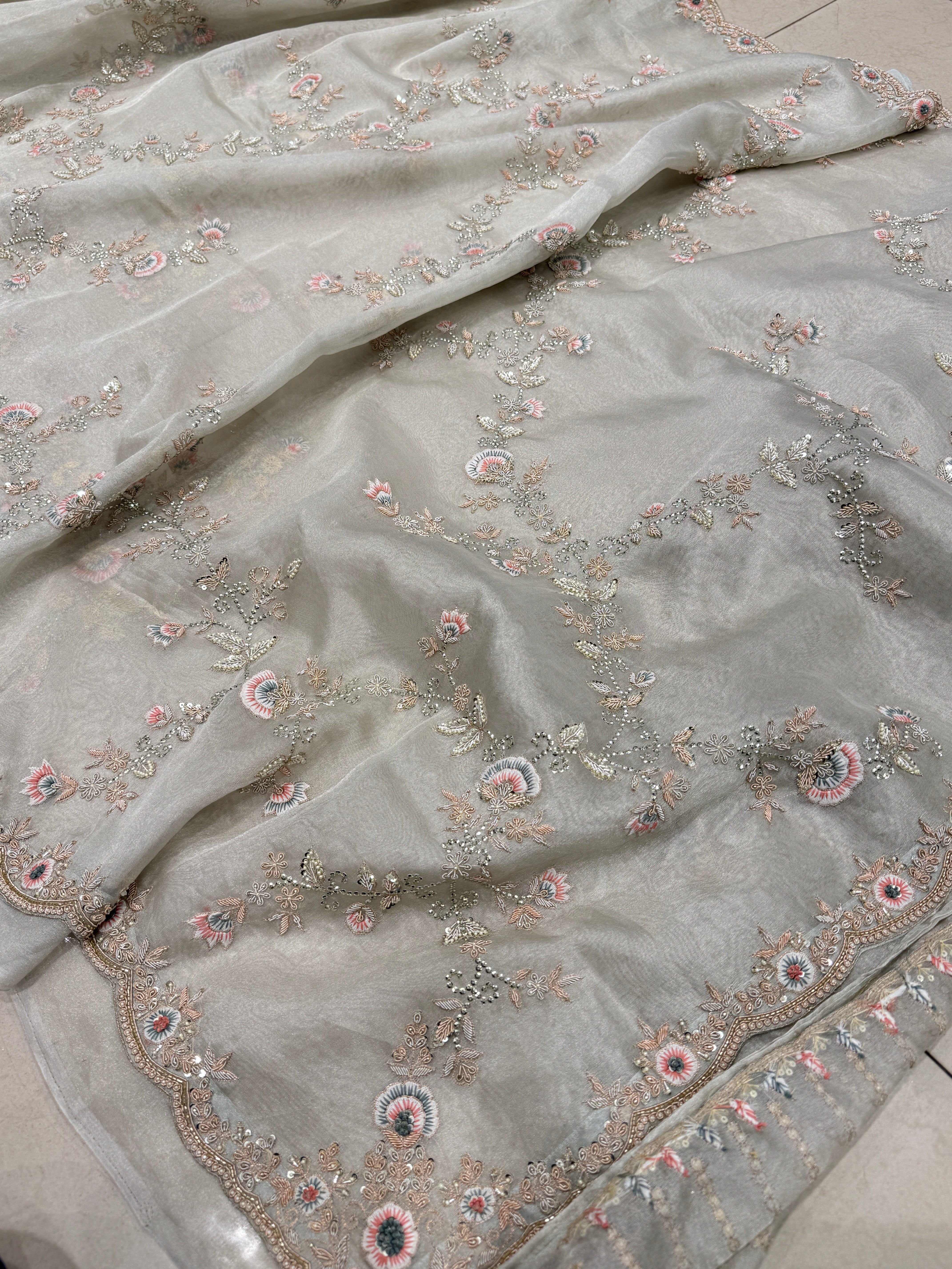 Silver Blue Tissue Zardosi Knot Embroidered Saree