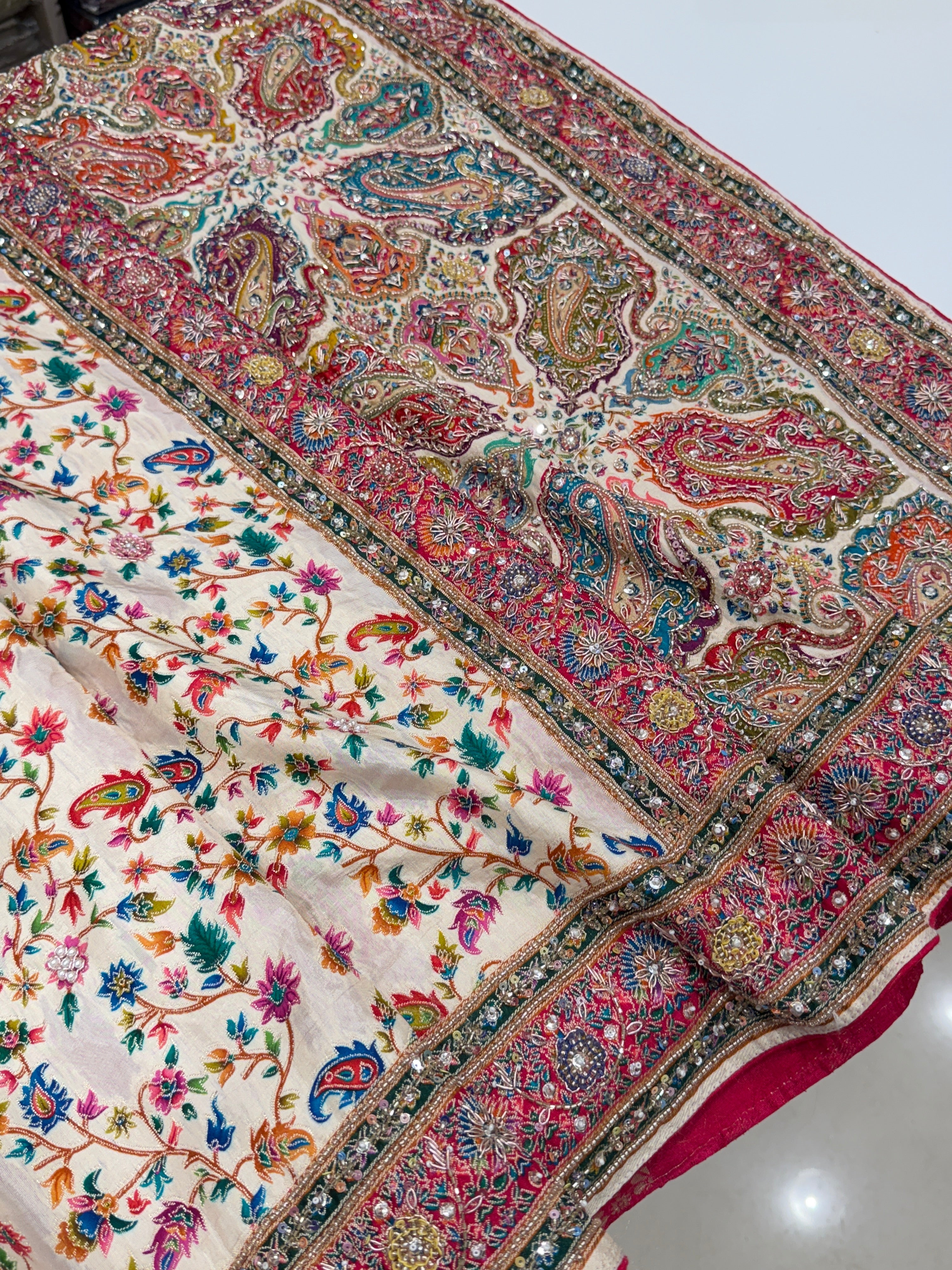 Moti White Munga Pashmina Style Hand Embroidery Saree
