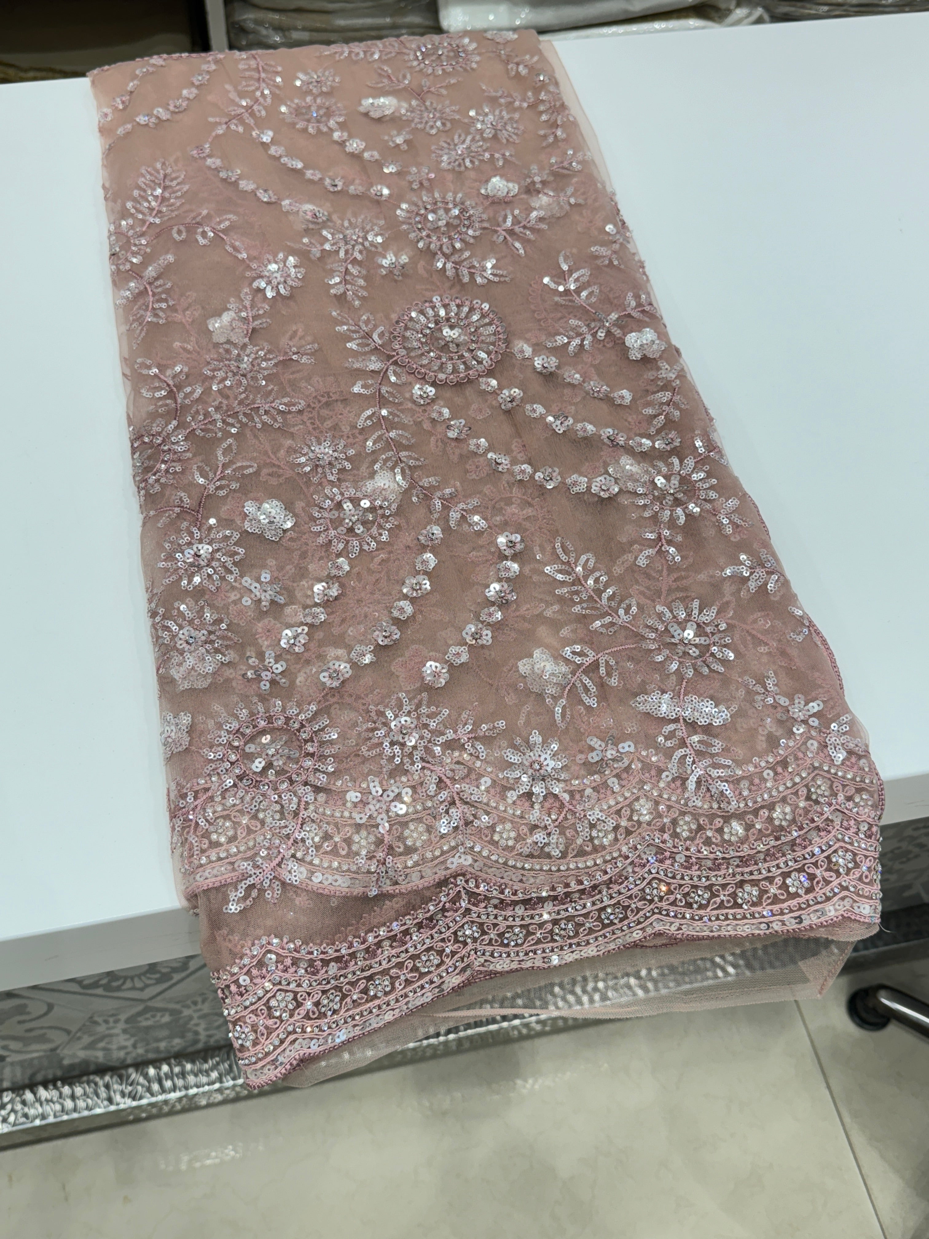 Pink Net Embroidery Jaal Sequin Saree