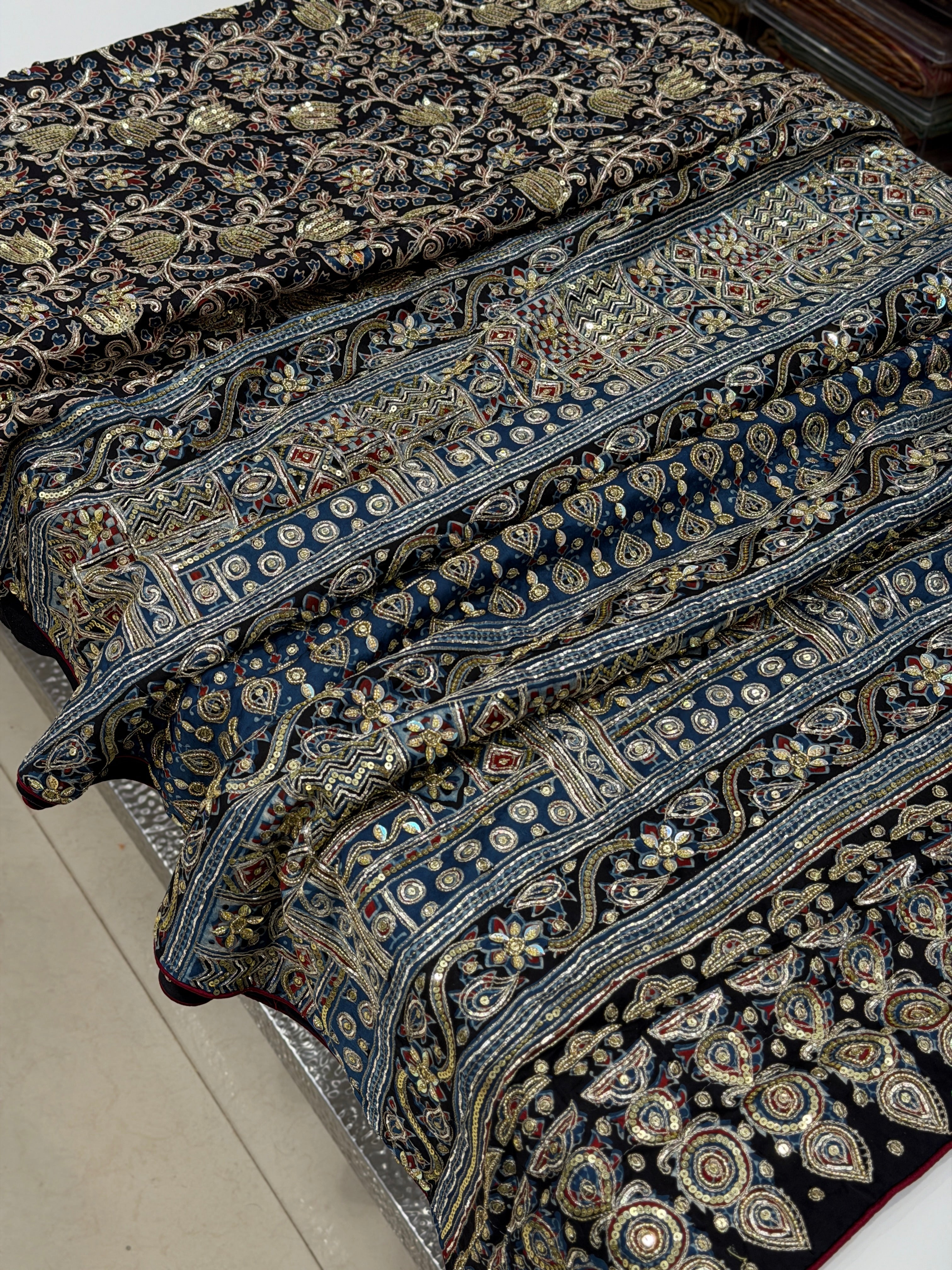 Black Blue Jaal Pita Sequin Ajrakh Hand Embroidery Saree