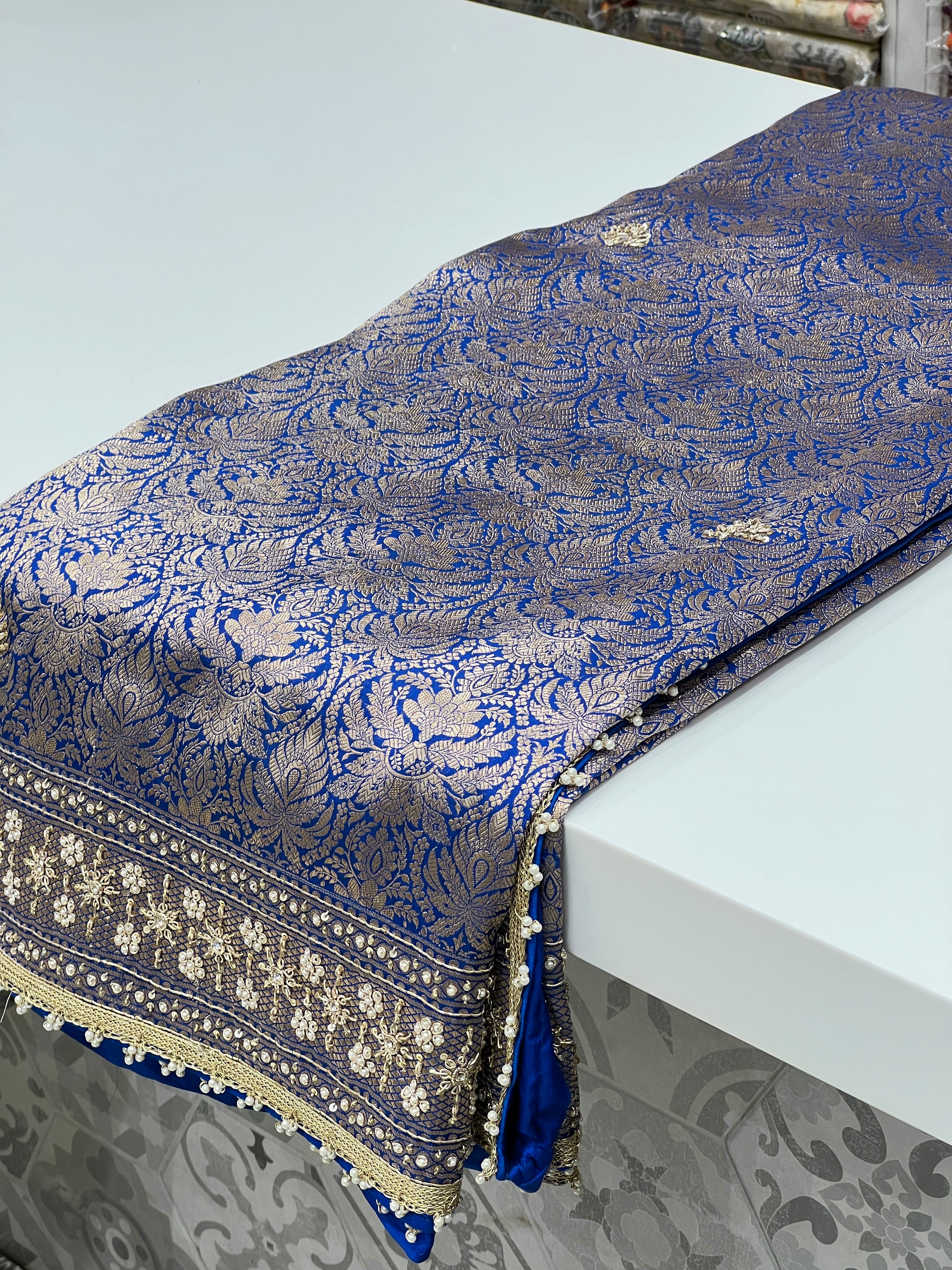 Blue Katan Hand Embroidery Saree