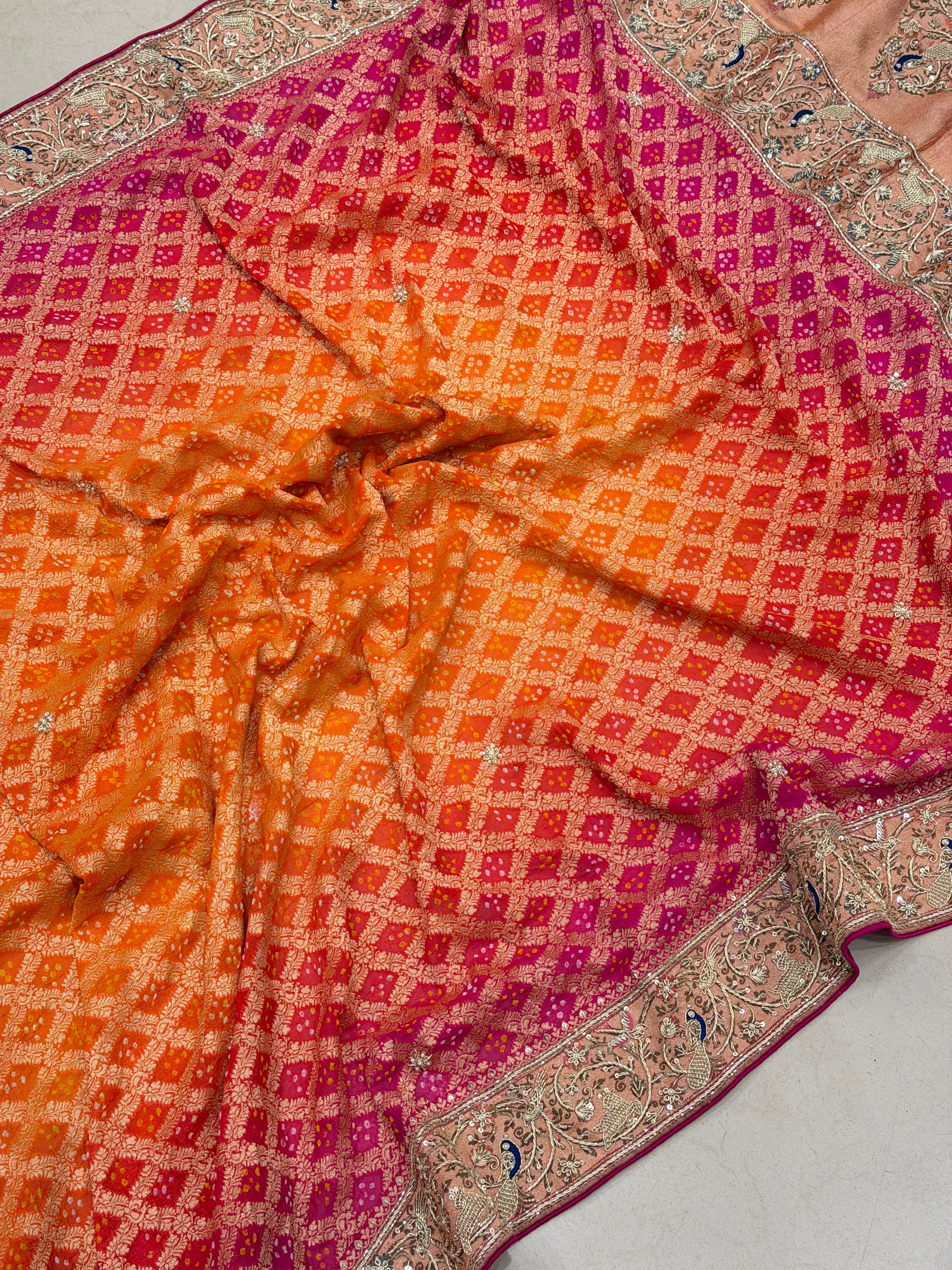 Orange Rani Shaded Meenakari Peacock Zardosi Hand Embroidery Saree