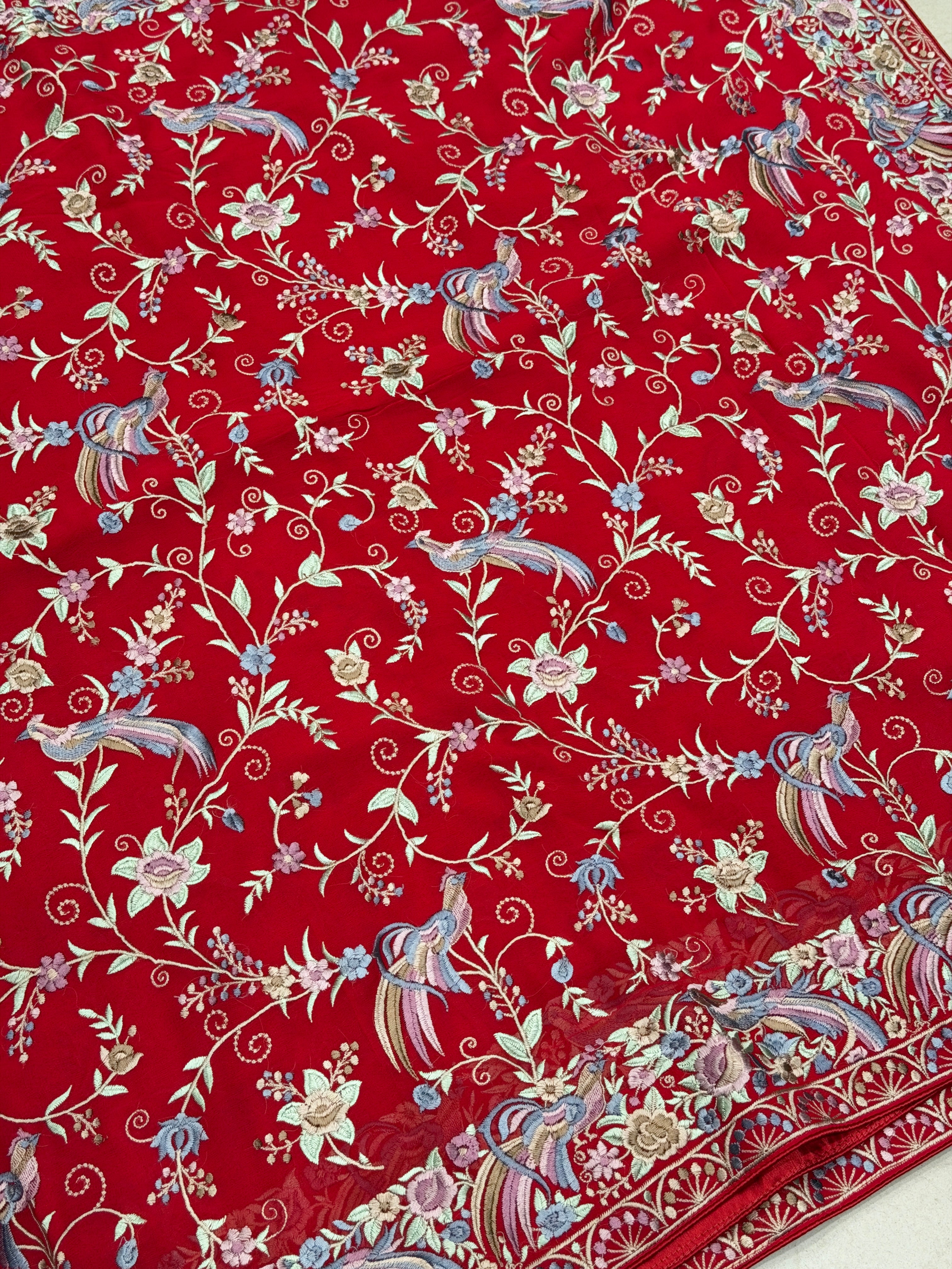 Red Georgette Meenakari Peacock Motif Jaal Parsi Gara Saree