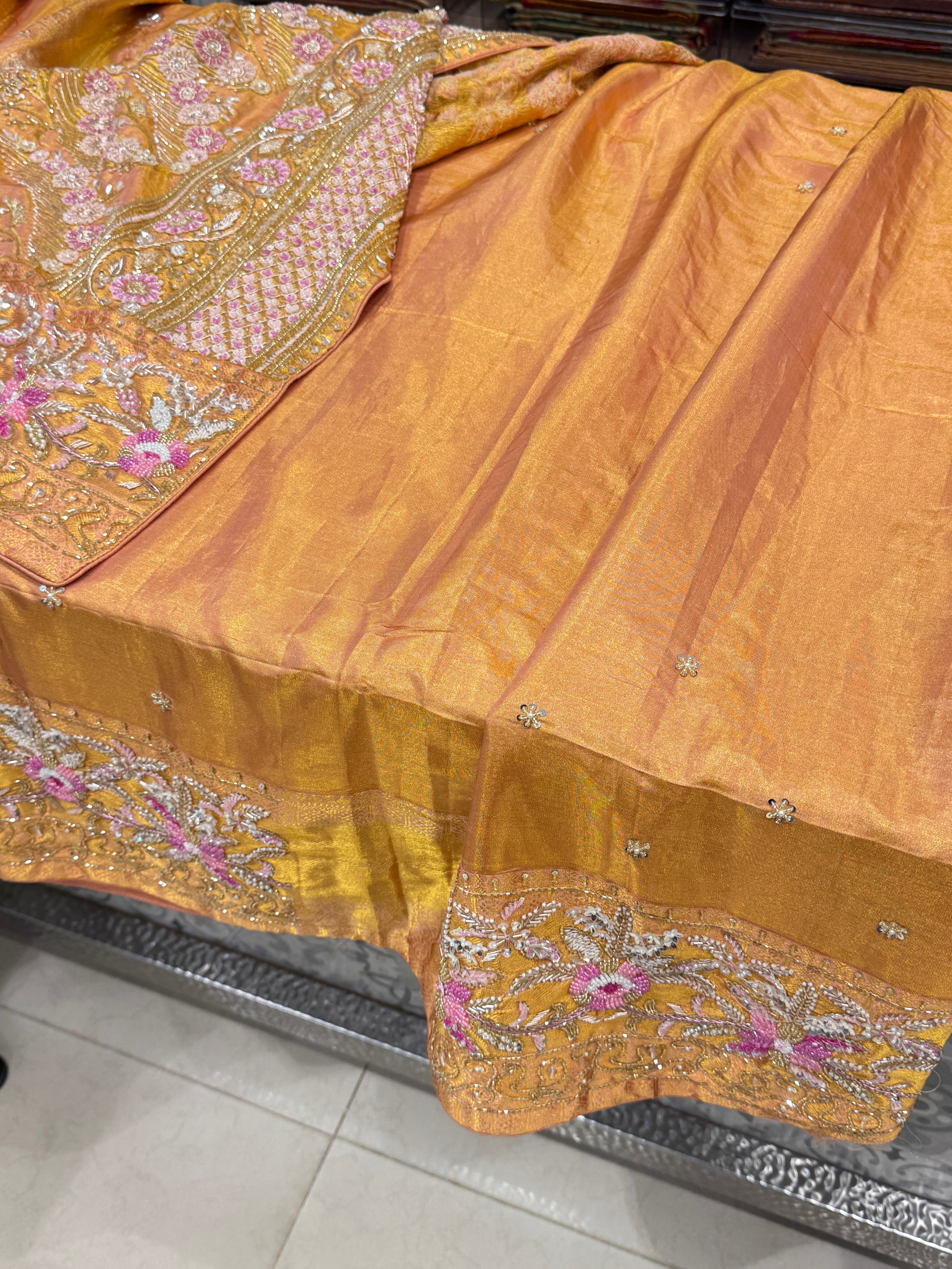 Gold Tissue Kanjivaram Rangkat Hand Embroidery Saree