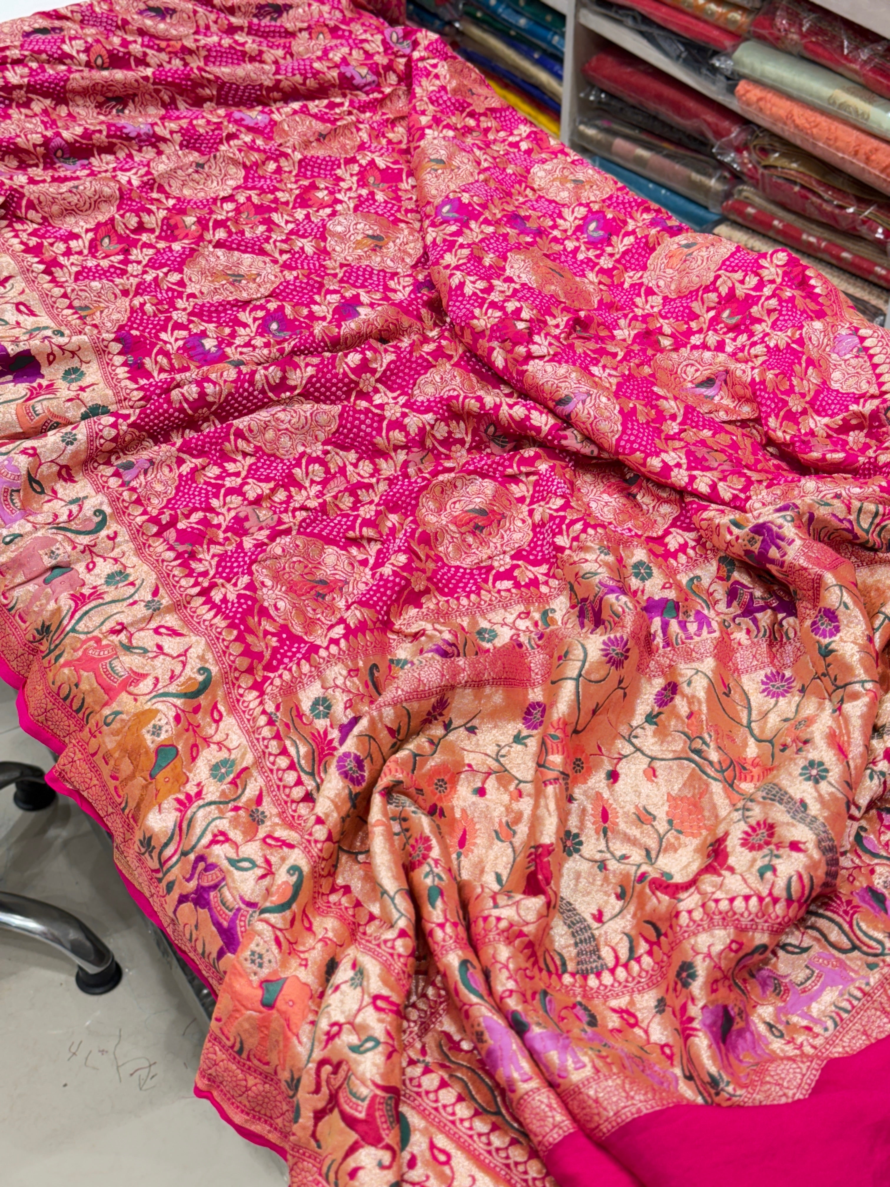 Rani Pink Luxury Bandhej Meenakari Saree