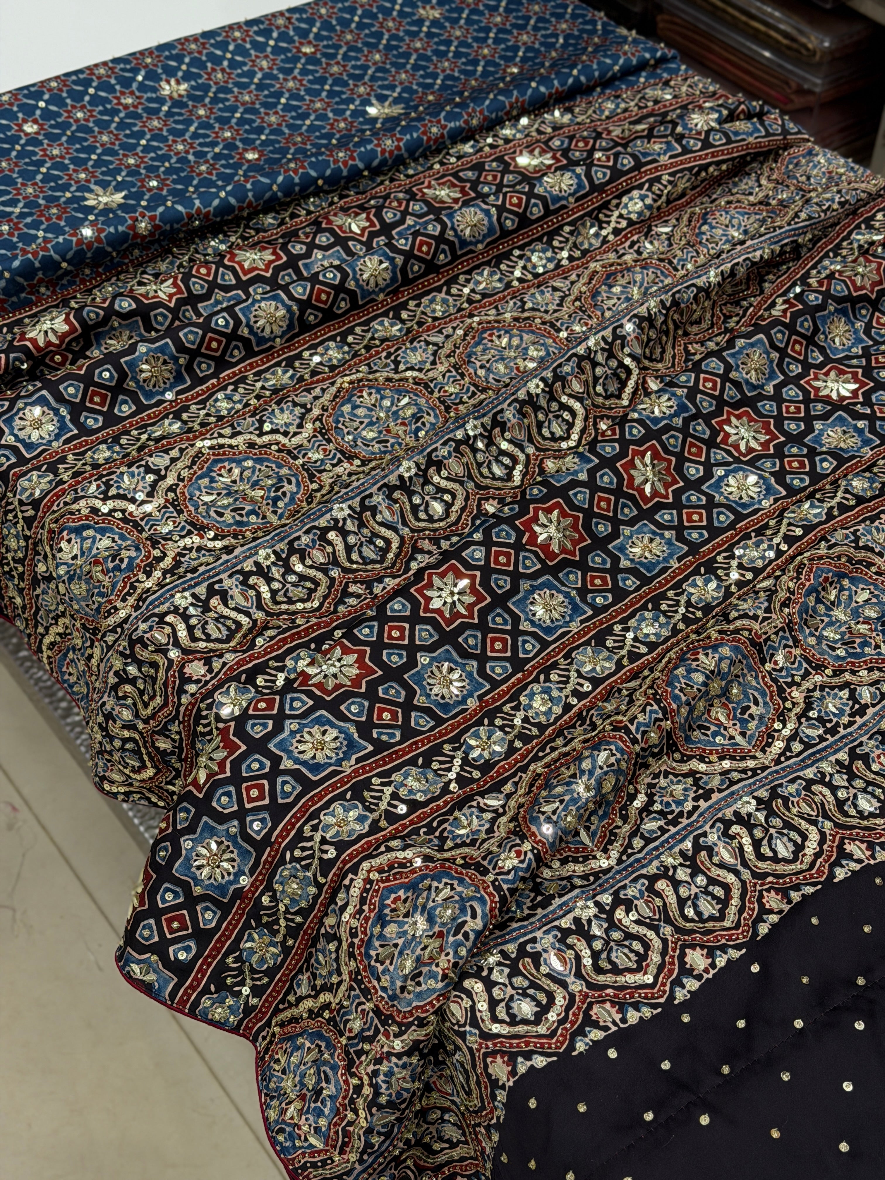 Blue Jaal Ajrakh Sequin Moti Hand Embroidery Saree