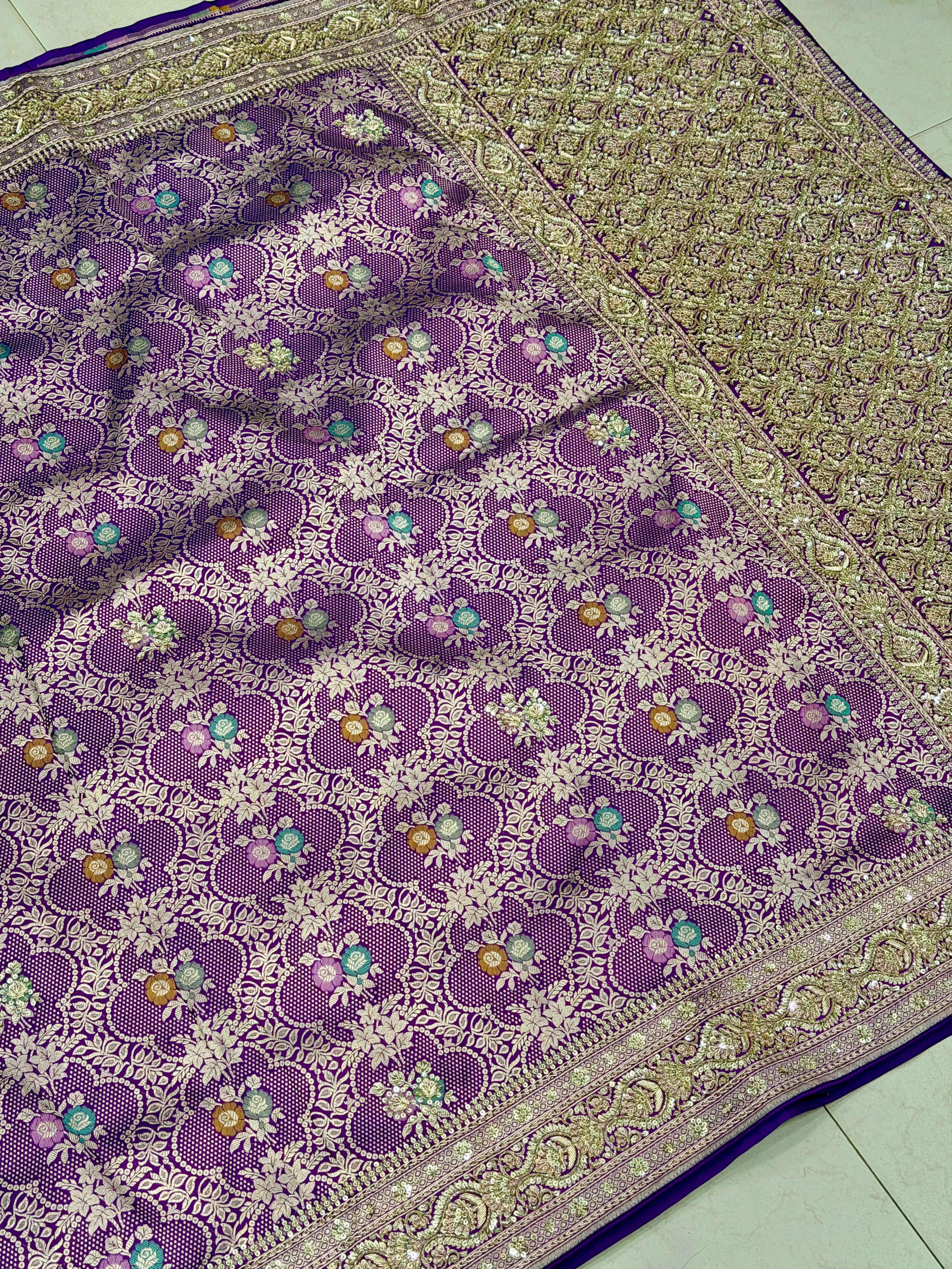 Violet Brocade Meenakari Handloom Banarasi Katan Silk Zardosi Hand Embroidery Saree