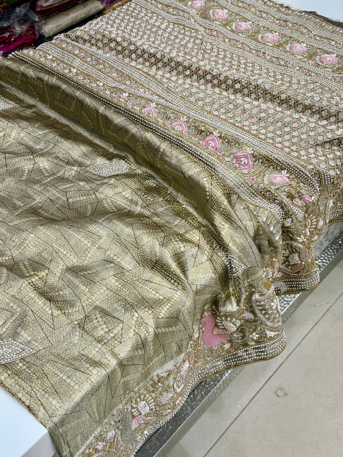 Green Silver Kanjivaram Three Zari Hand Embroidery Zardosi Moti Sequin Saree