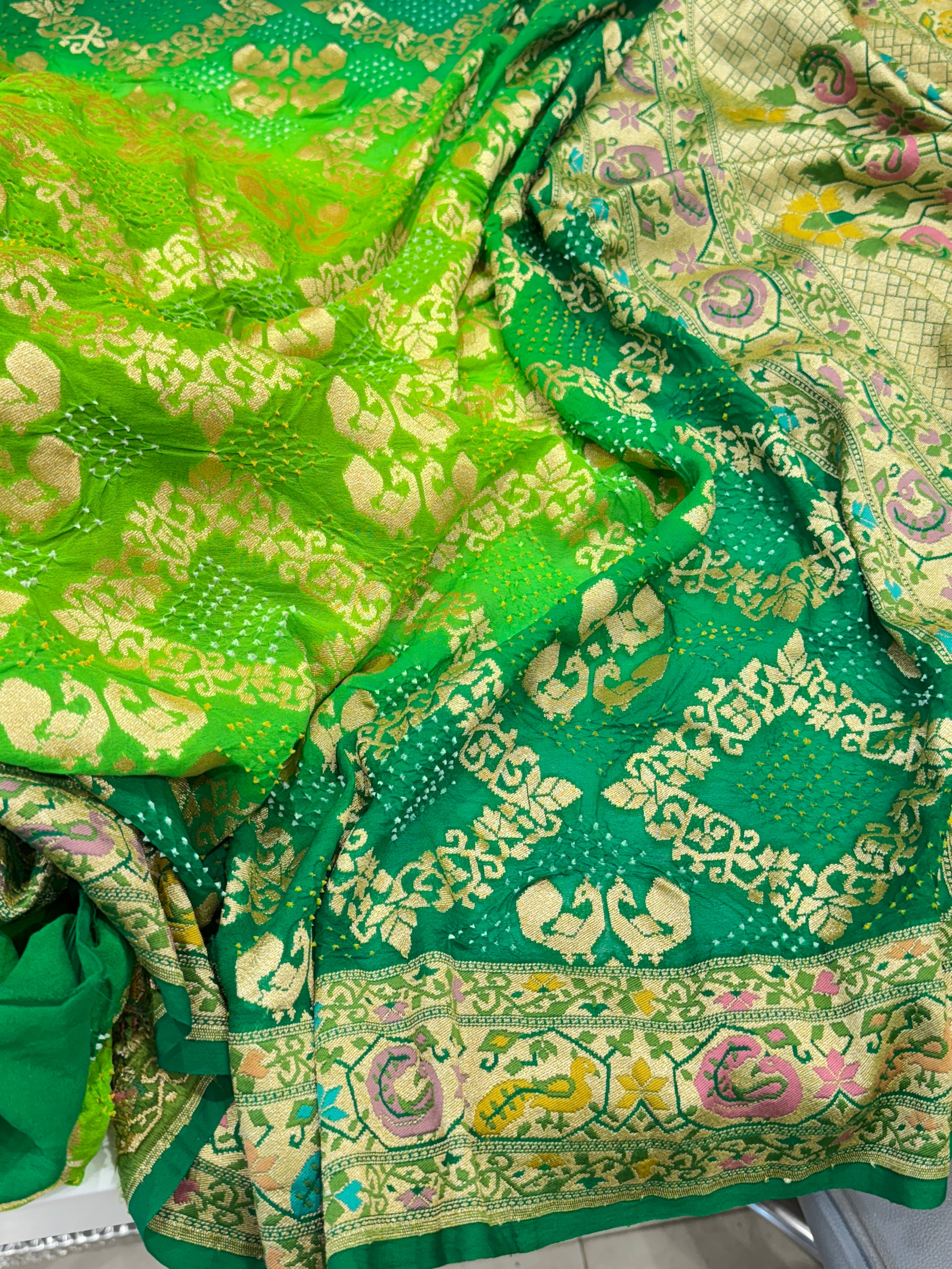 Green Shaded Luxury Bandhej Meenakari Saree