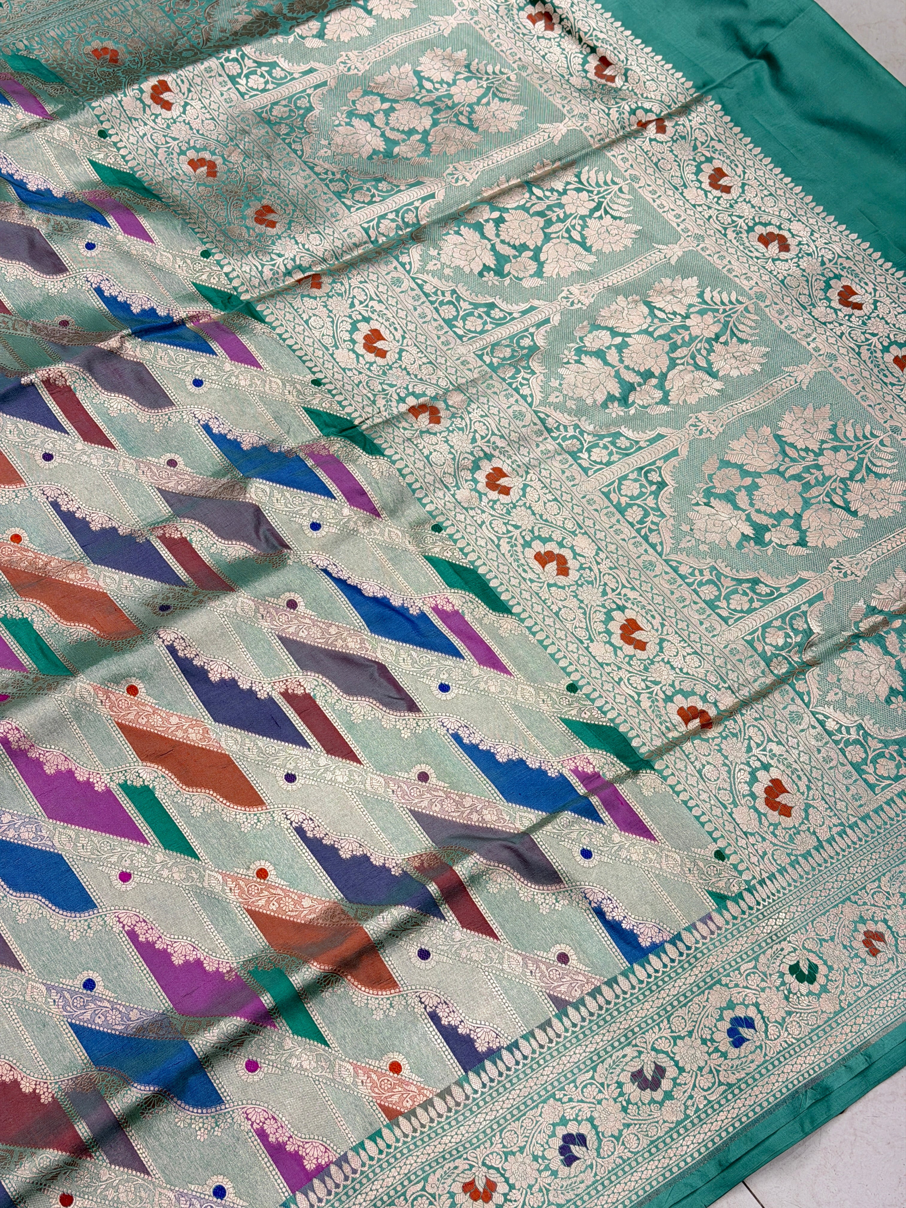 Sea Green Banarasi Rangkat Handloom Katan Pure Silk Saree