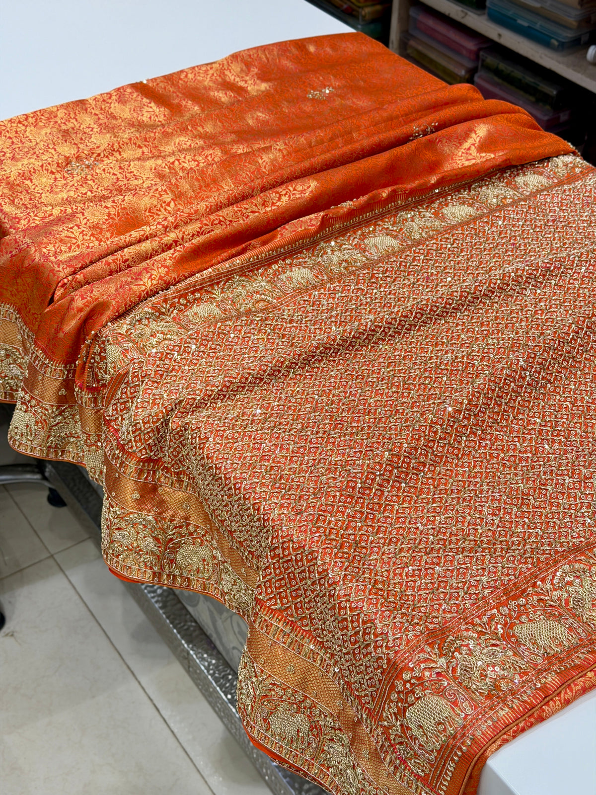Rust Orange Kanjivaram Elephant Motifs Zardosi Hand Embroidery Saree
