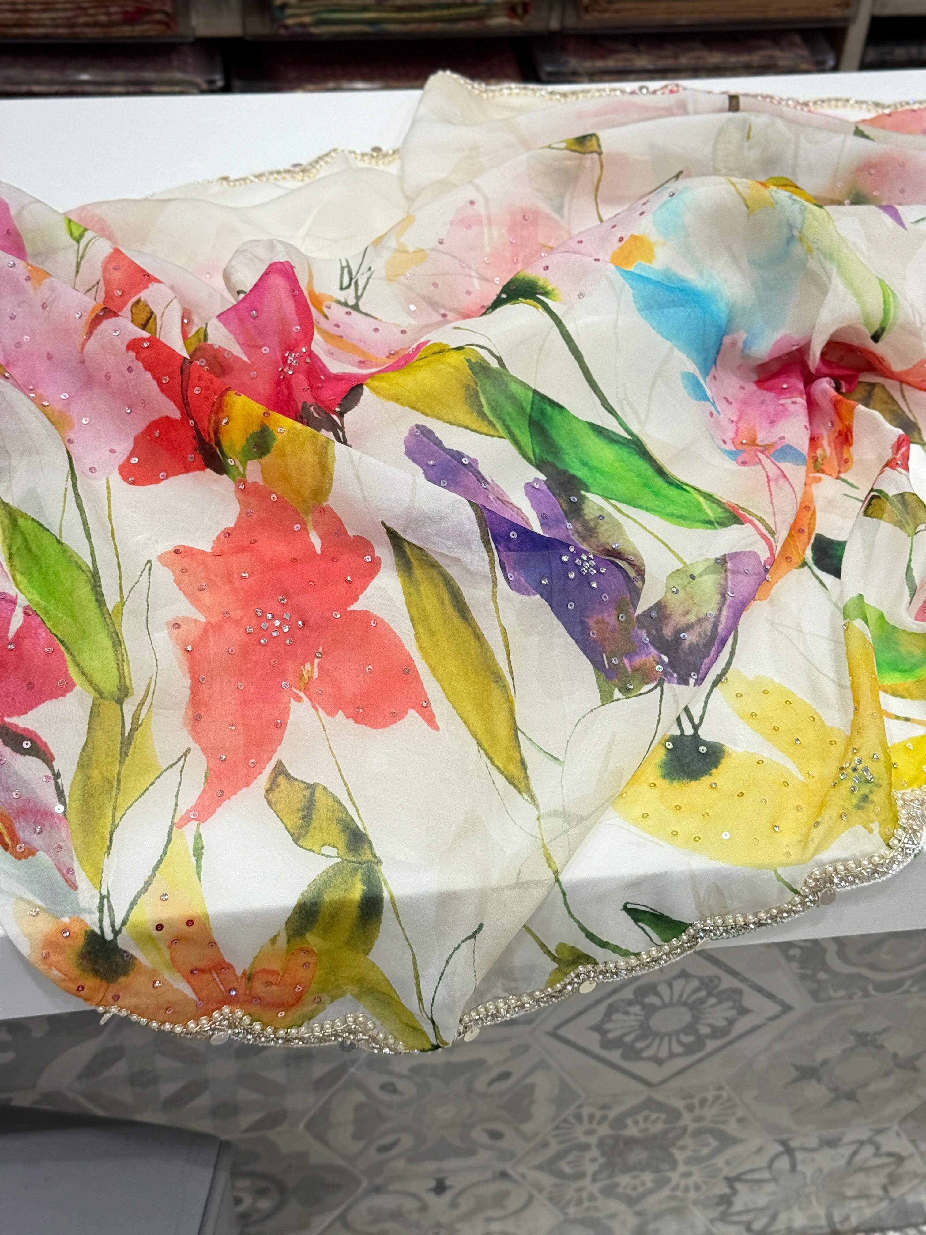 Multi Colour Print Muslin Border Hand Embroidery Saree