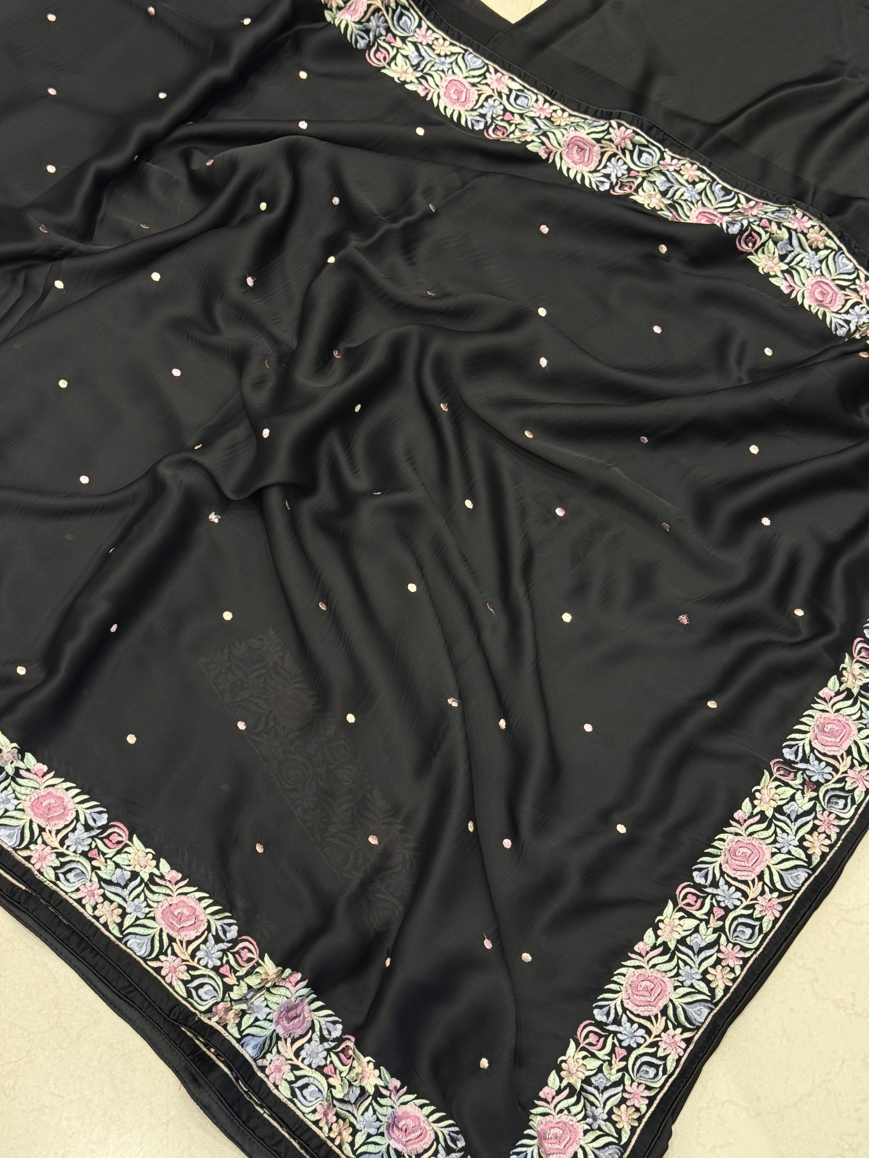 Black Satin Parsi Gara Saree