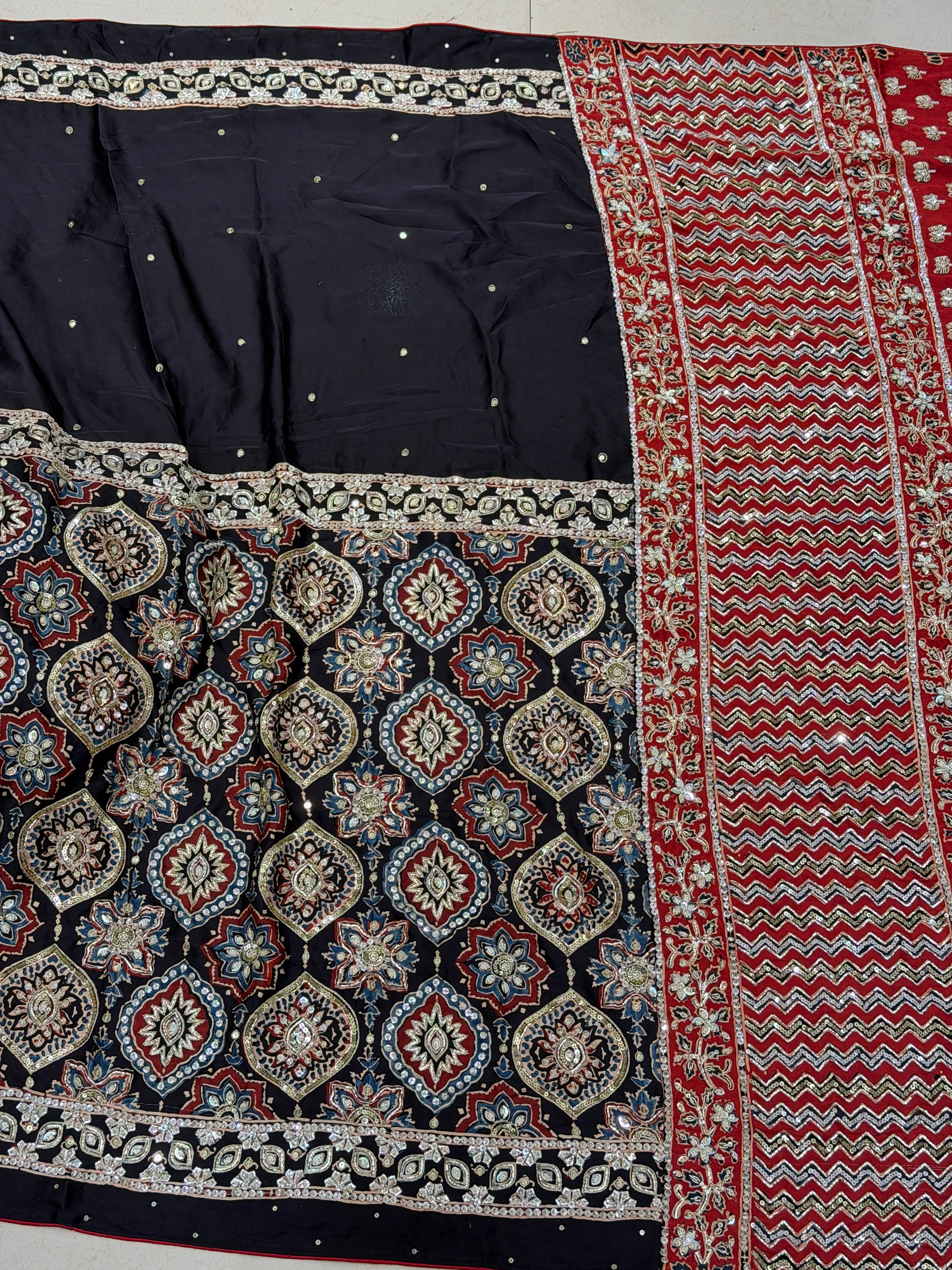 Black Red Badam Jaal Pita Zardosi Sequin Ajrakh Hand Embroidery Saree