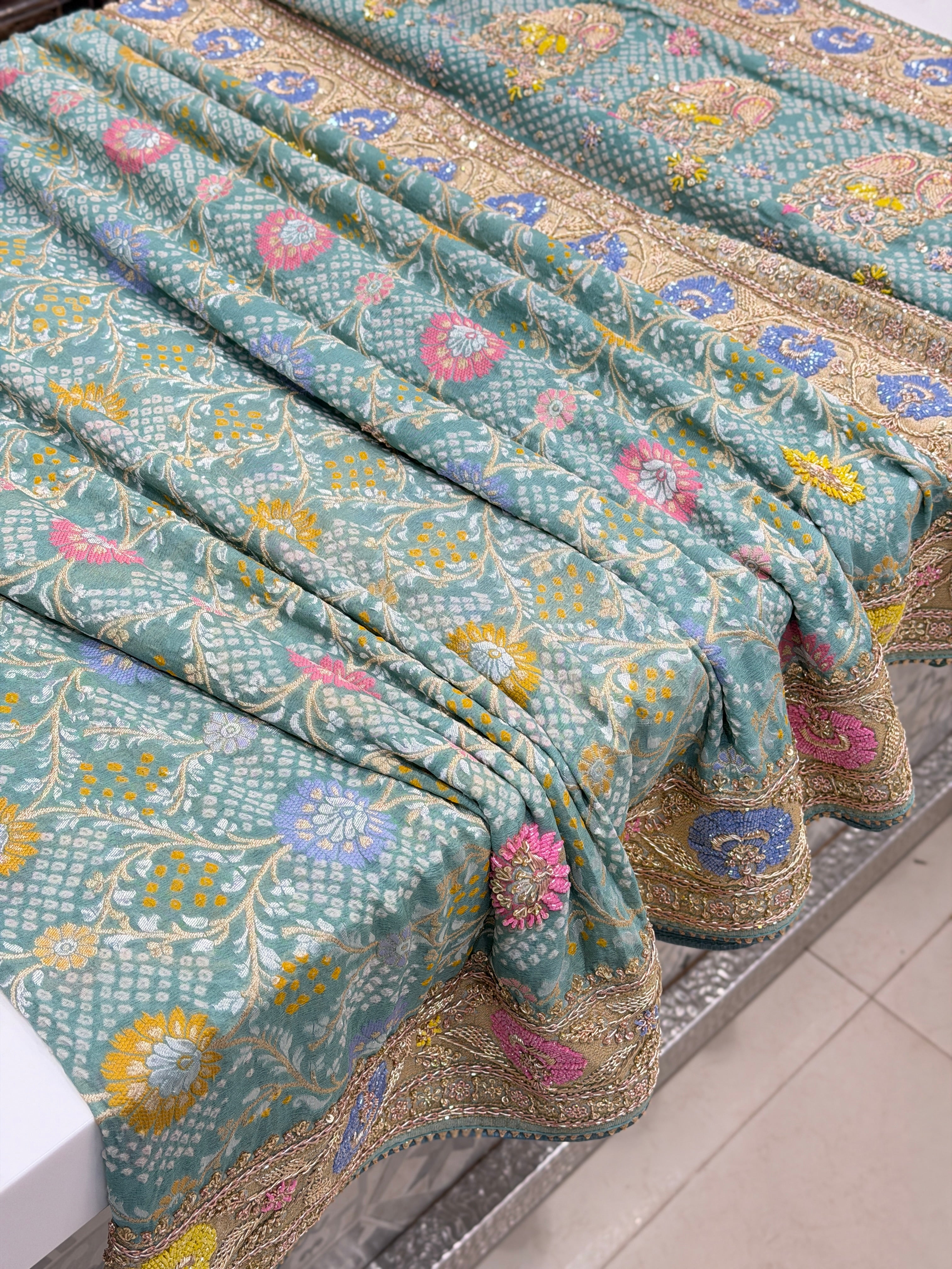 Pastel Powder Blue Meenakari Bandhej Zardodi Sequin Hand Embroidery Saree