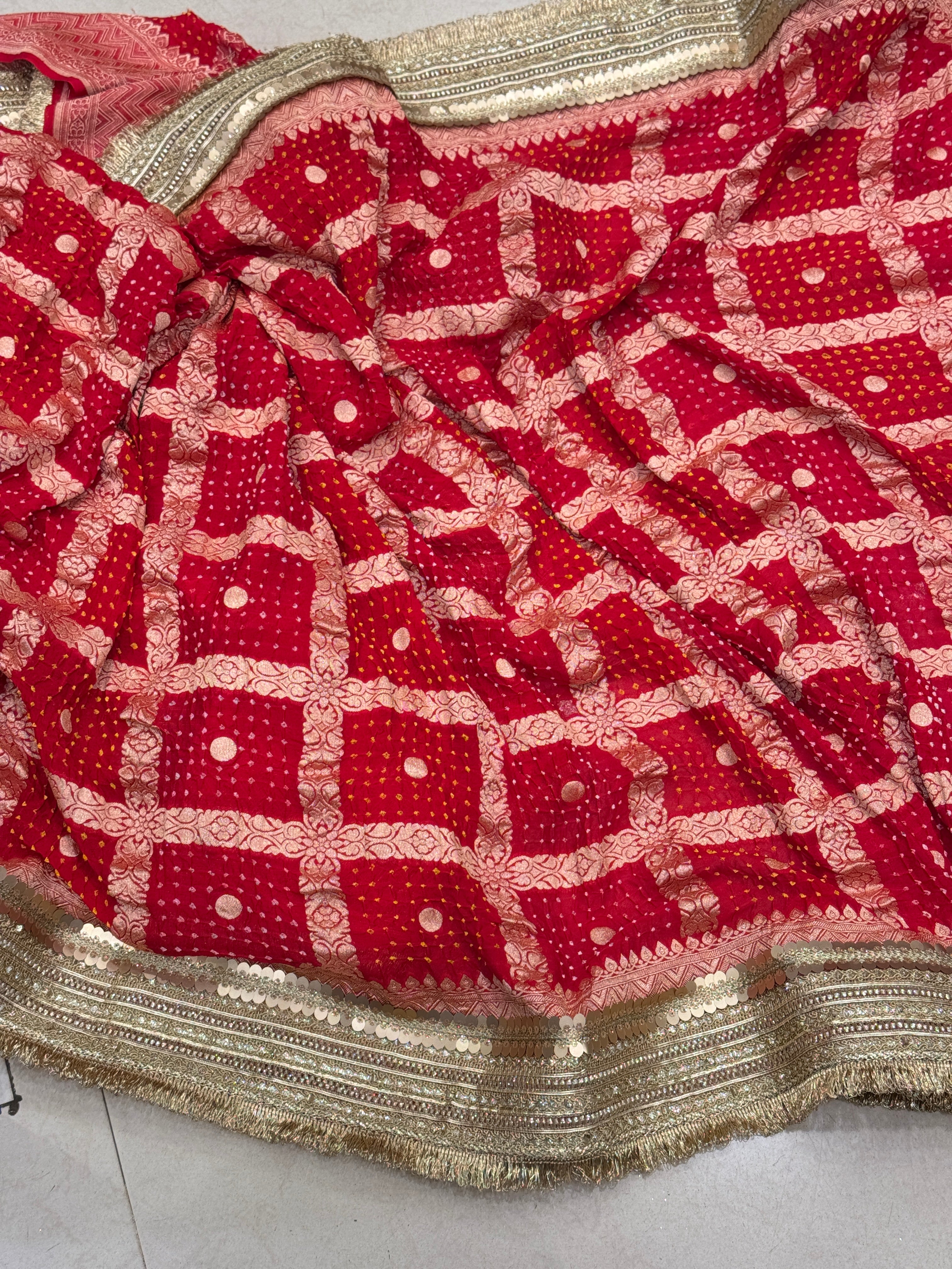 Red Bandhej Maharani Style Saree