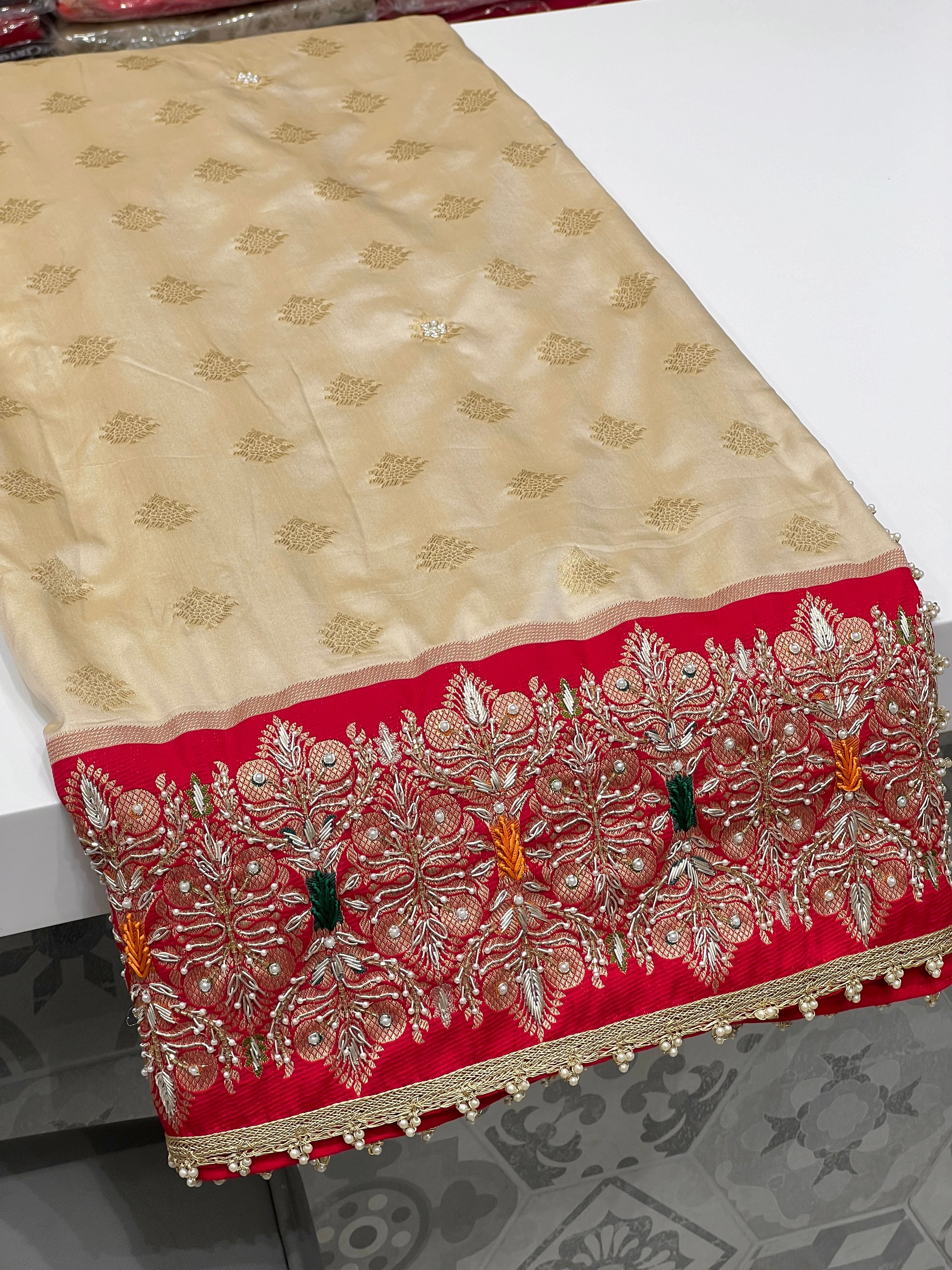 Beige Red Banarasi Zardosi Resham Embroidery Saree