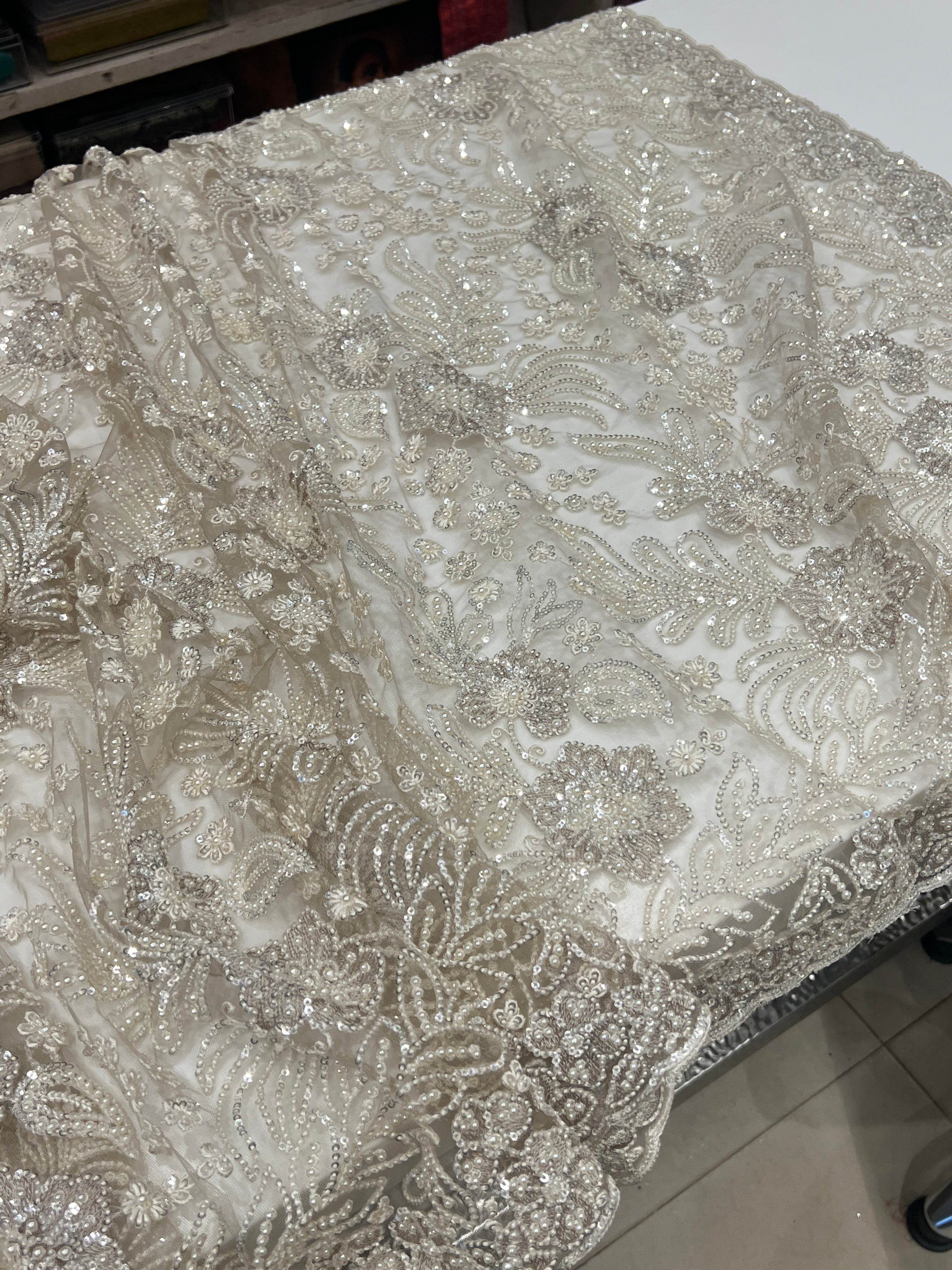 Champagne Resham Moti Jaal Net Embroidery Saree Heavy Blouse