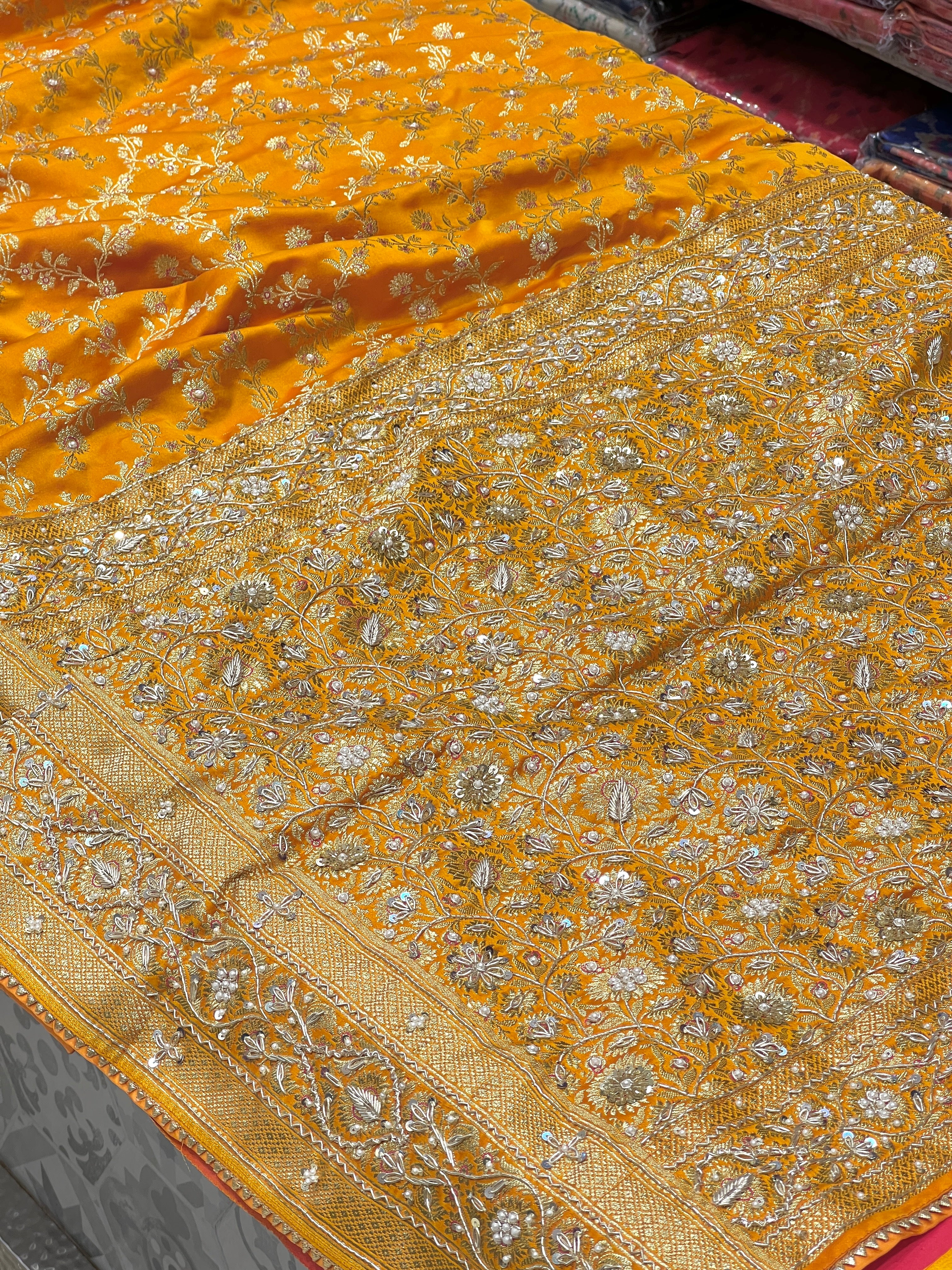 Mango Yellow Banarasi Flower Border Hand Embroidery Saree