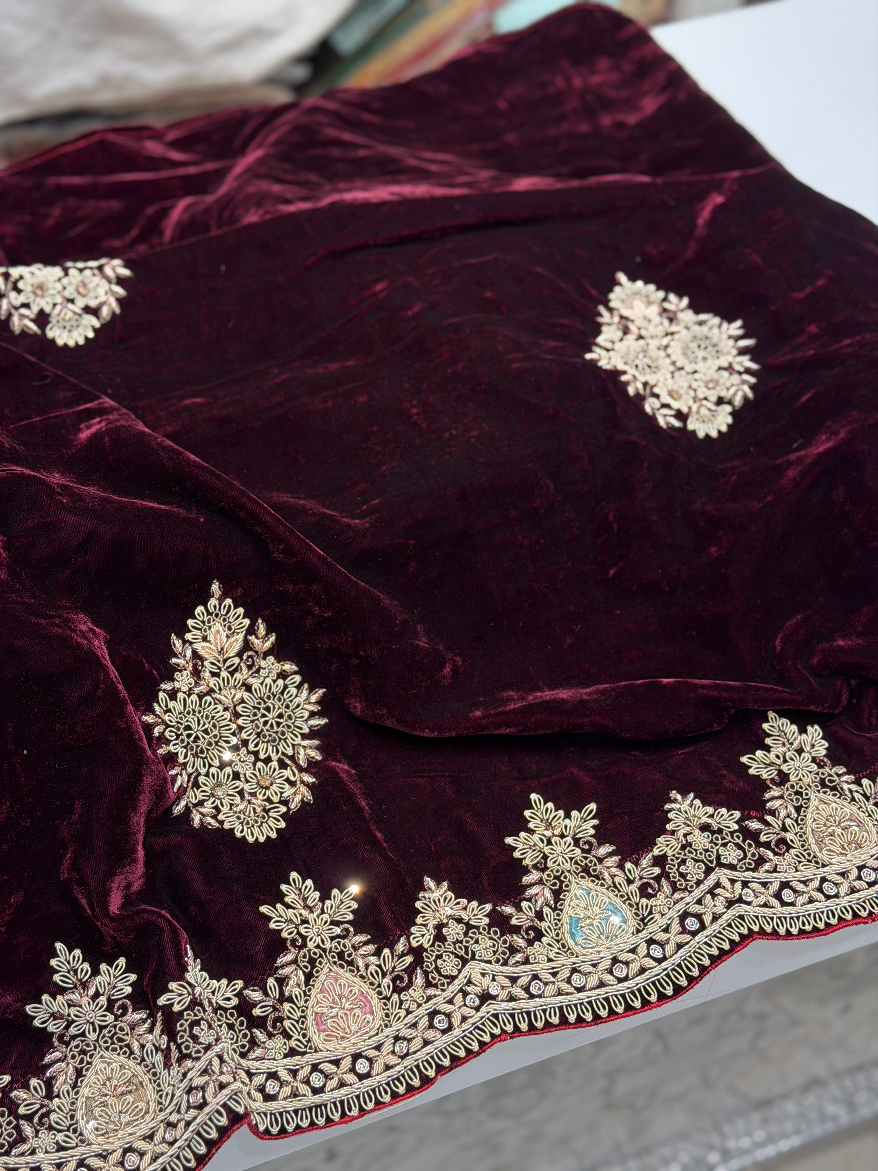 Pure Velvet Zardosi Hand Embroidery Saree