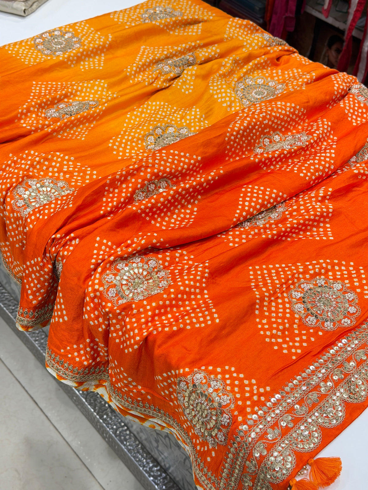 Orange Shaded Gajji Silk Rai Bandhej Gotapatti Marodi Hand Embroidery Saree