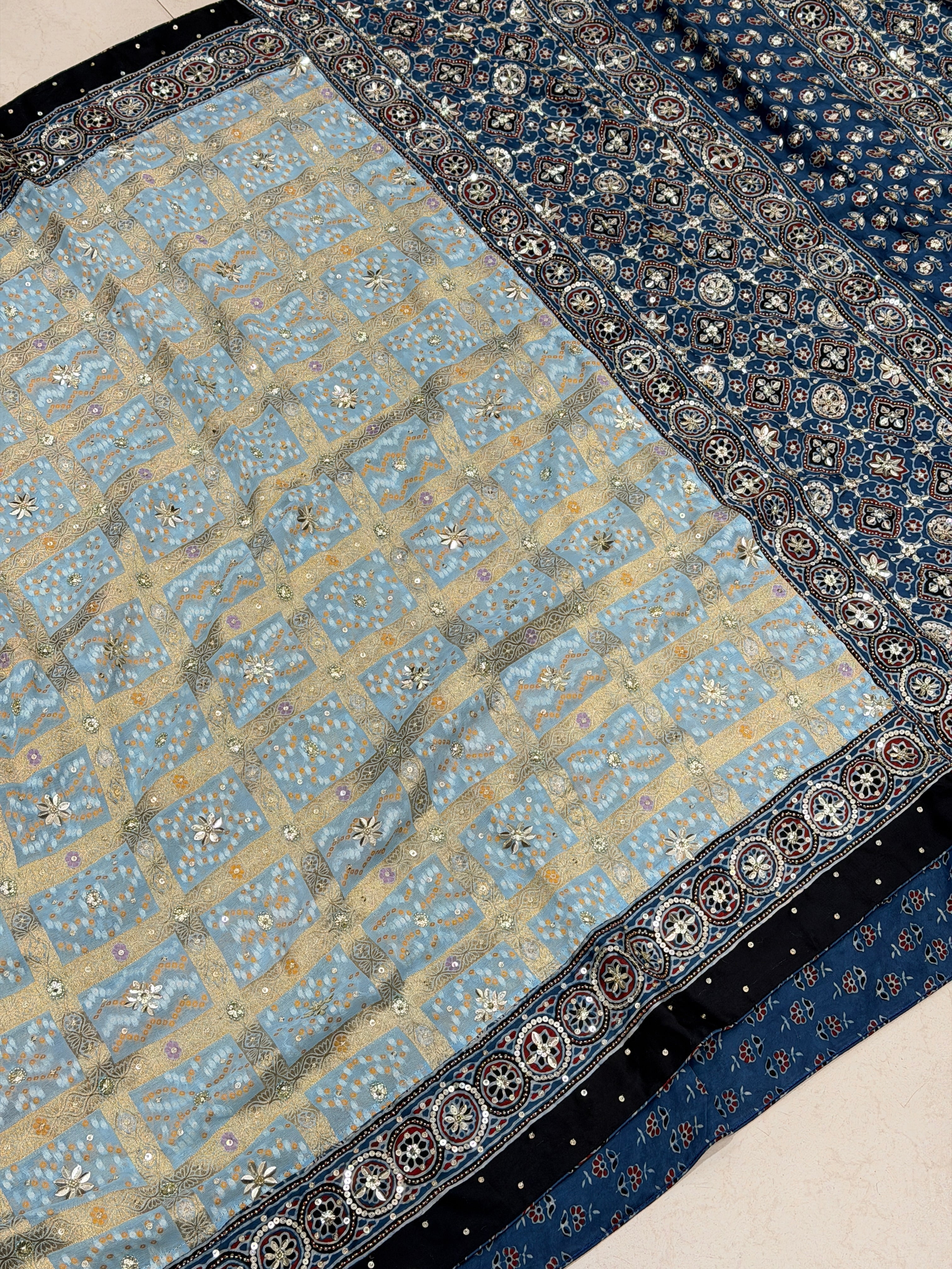 Light Blue Gharchola Georgette Ajrakh Hand Embroidery Saree