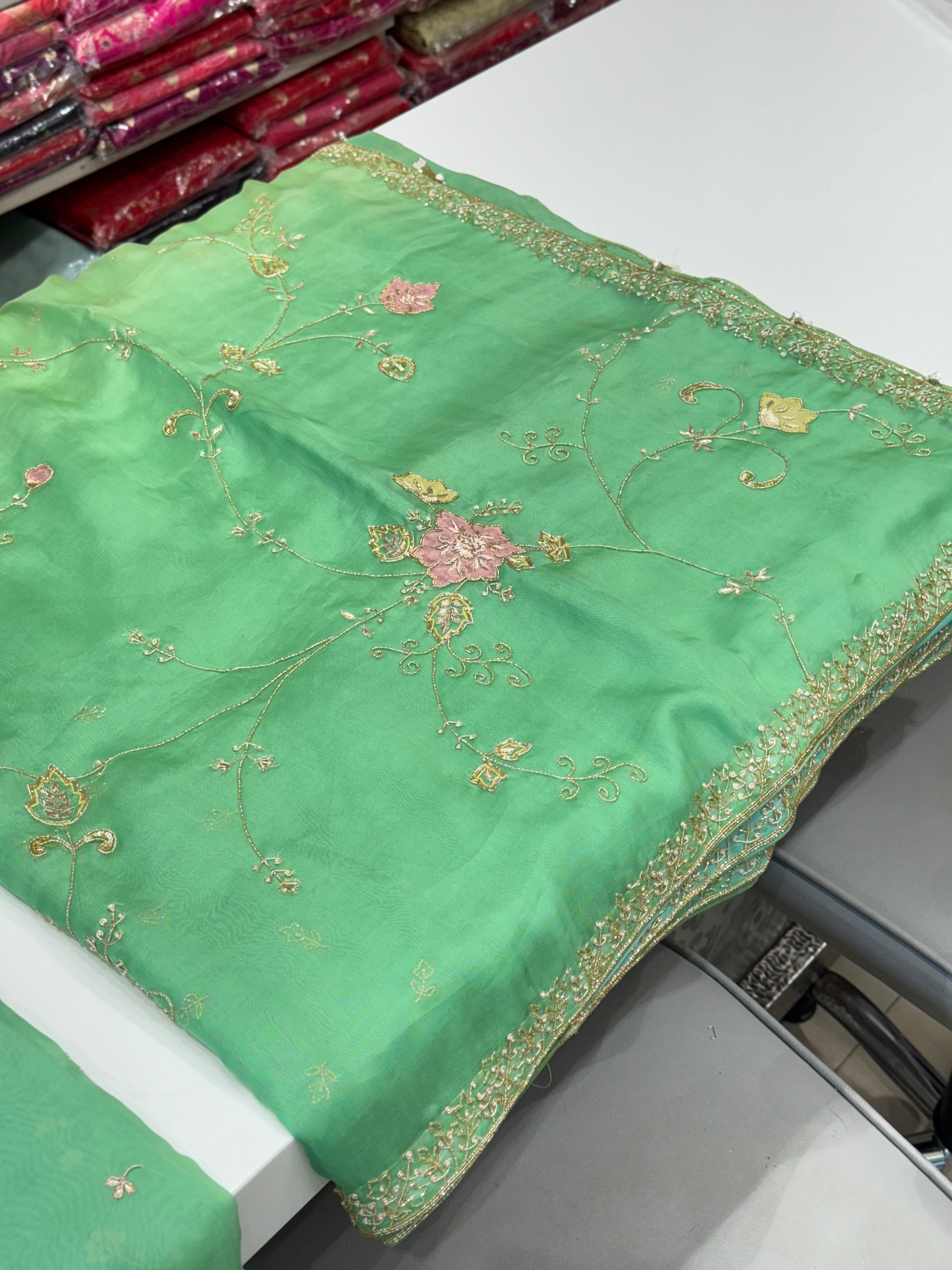 Green Shaded Pure Organza Patch Work Saree