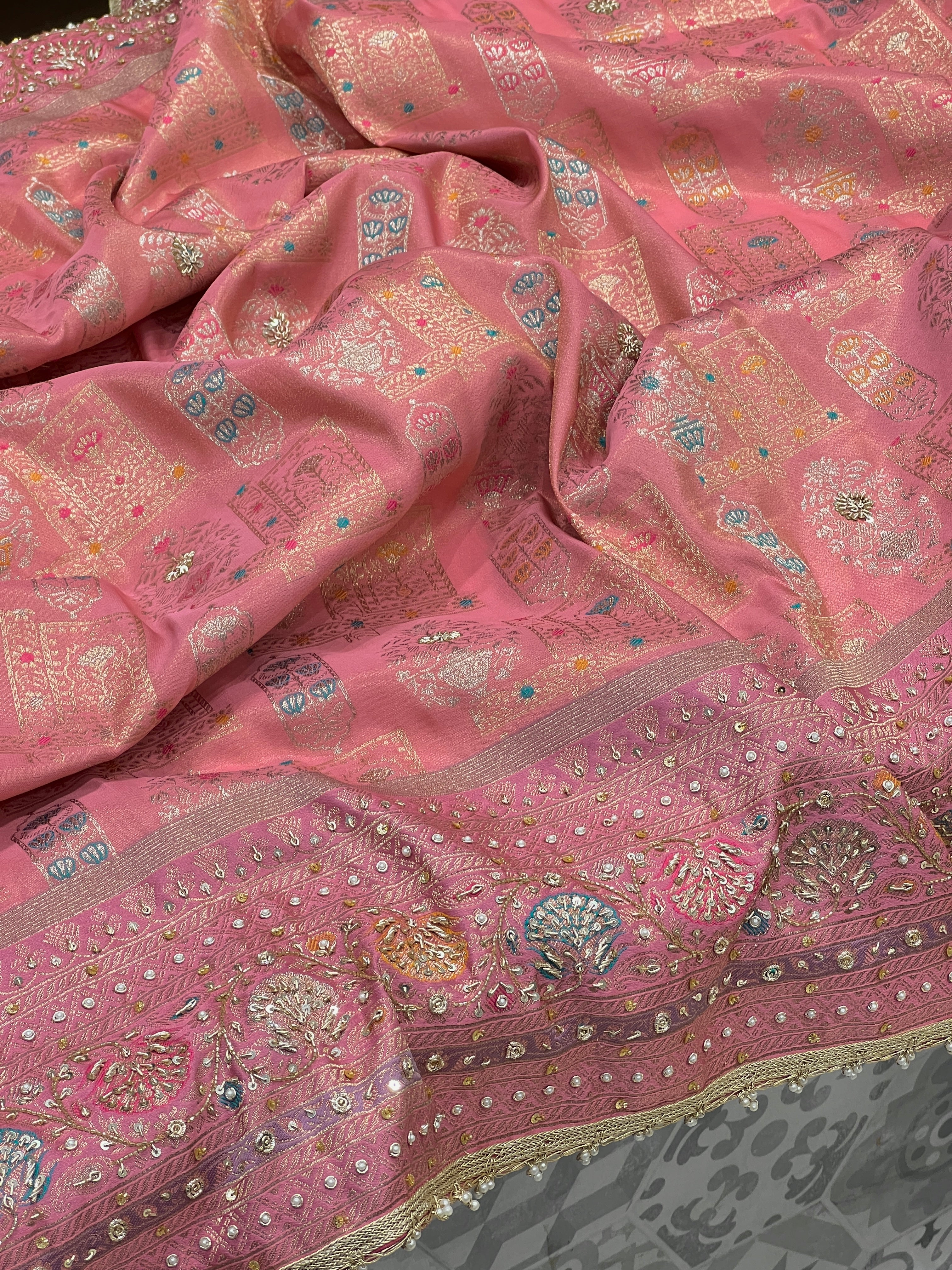 Pink Banarasi Tissue Zardosi Embroidery Saree