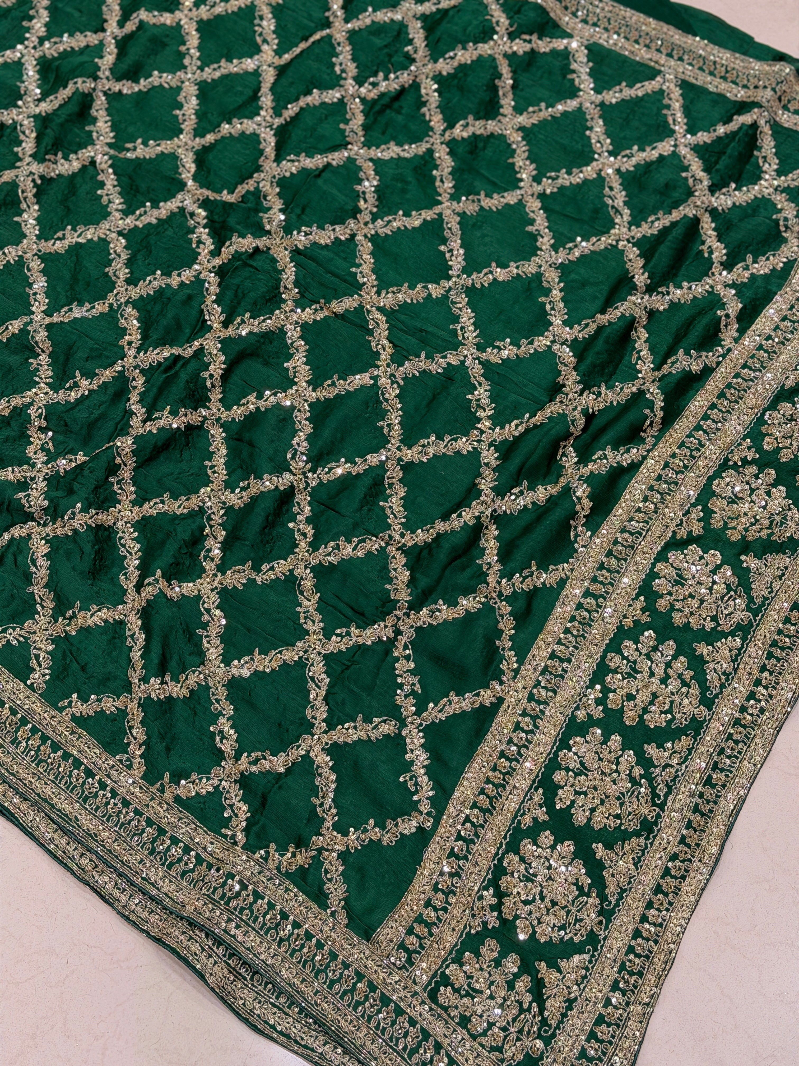 Bottle Green Crepe Satin Sabyasachi Inspired Zardosi Jaal Embroidery Saree