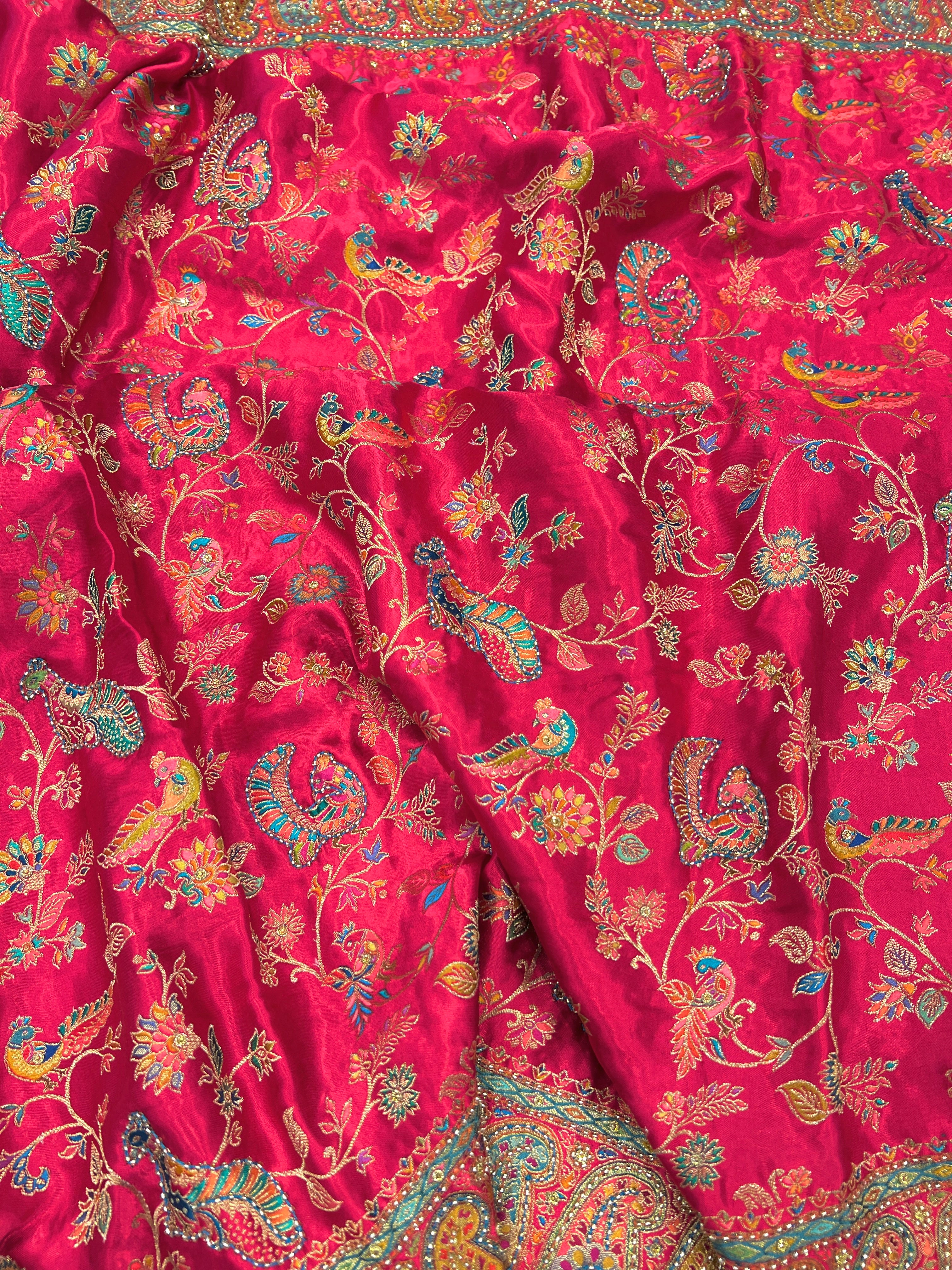 Pink Modal Satin Peacock Theme Hand Embroidery Saree