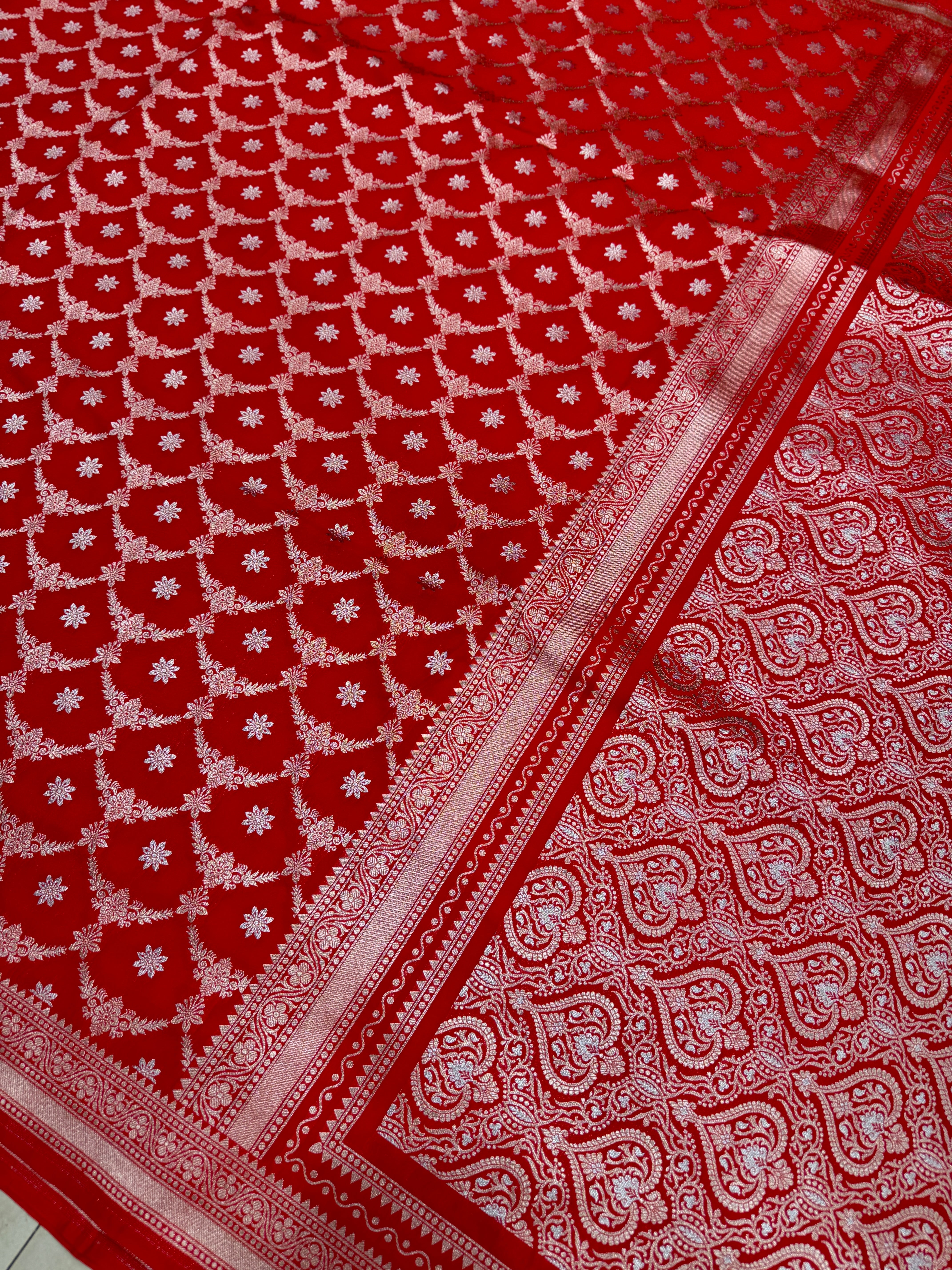 Red Silver Zari Banarasi Silk Jaal Saree