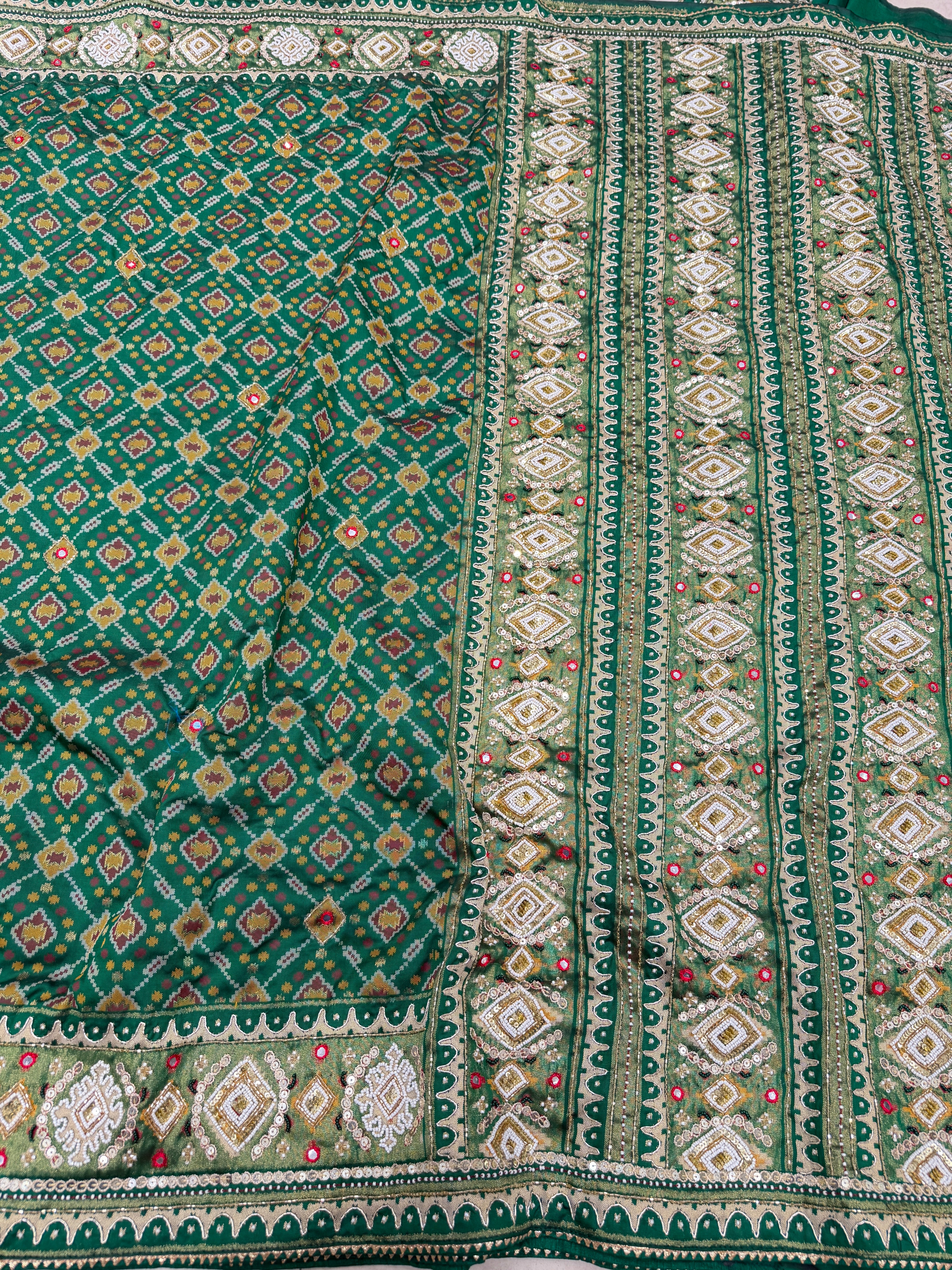 Bottle Green Patola Small Jaal Ikat Kidiya Moti Hand Embroidery Saree