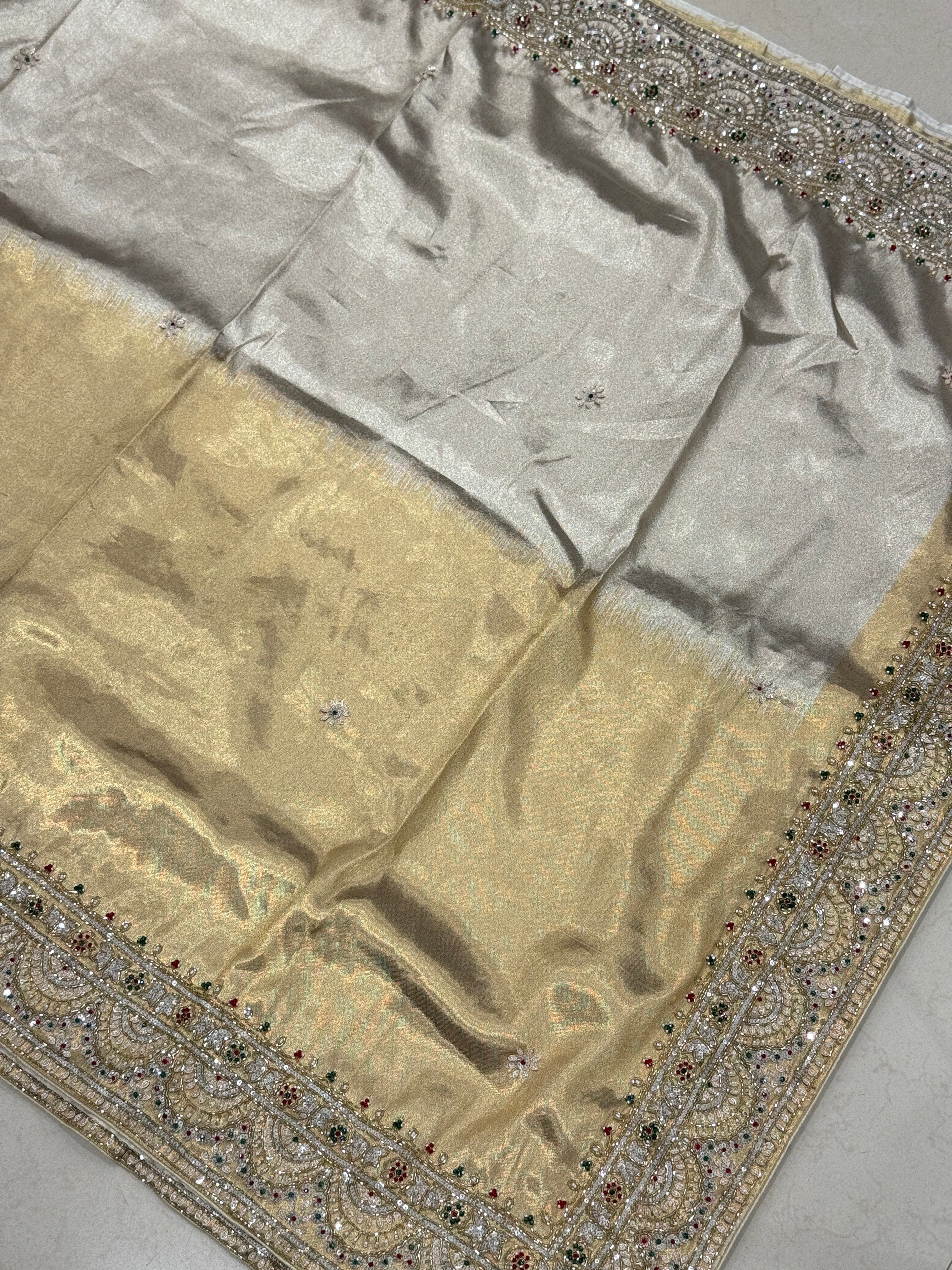 Silver Golden Alia Bhatt Inspired Tissue Embroidery Saree