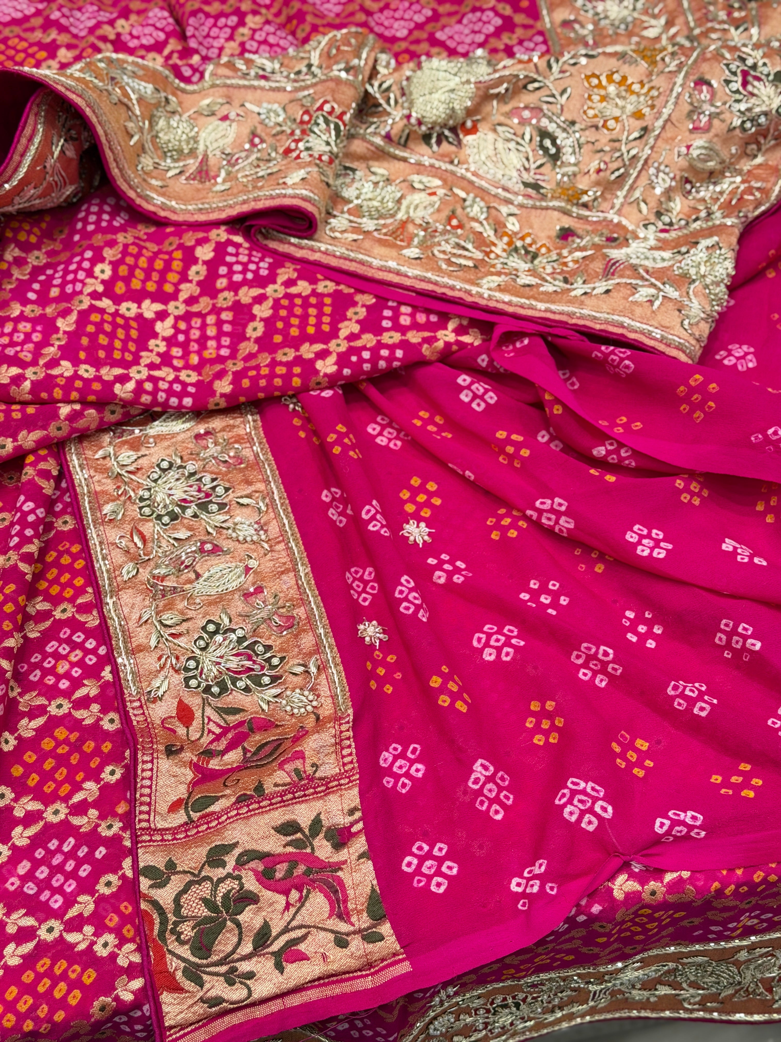 Rani Pink Meenakari Bandhej Zardosi Paithani Style Saree
