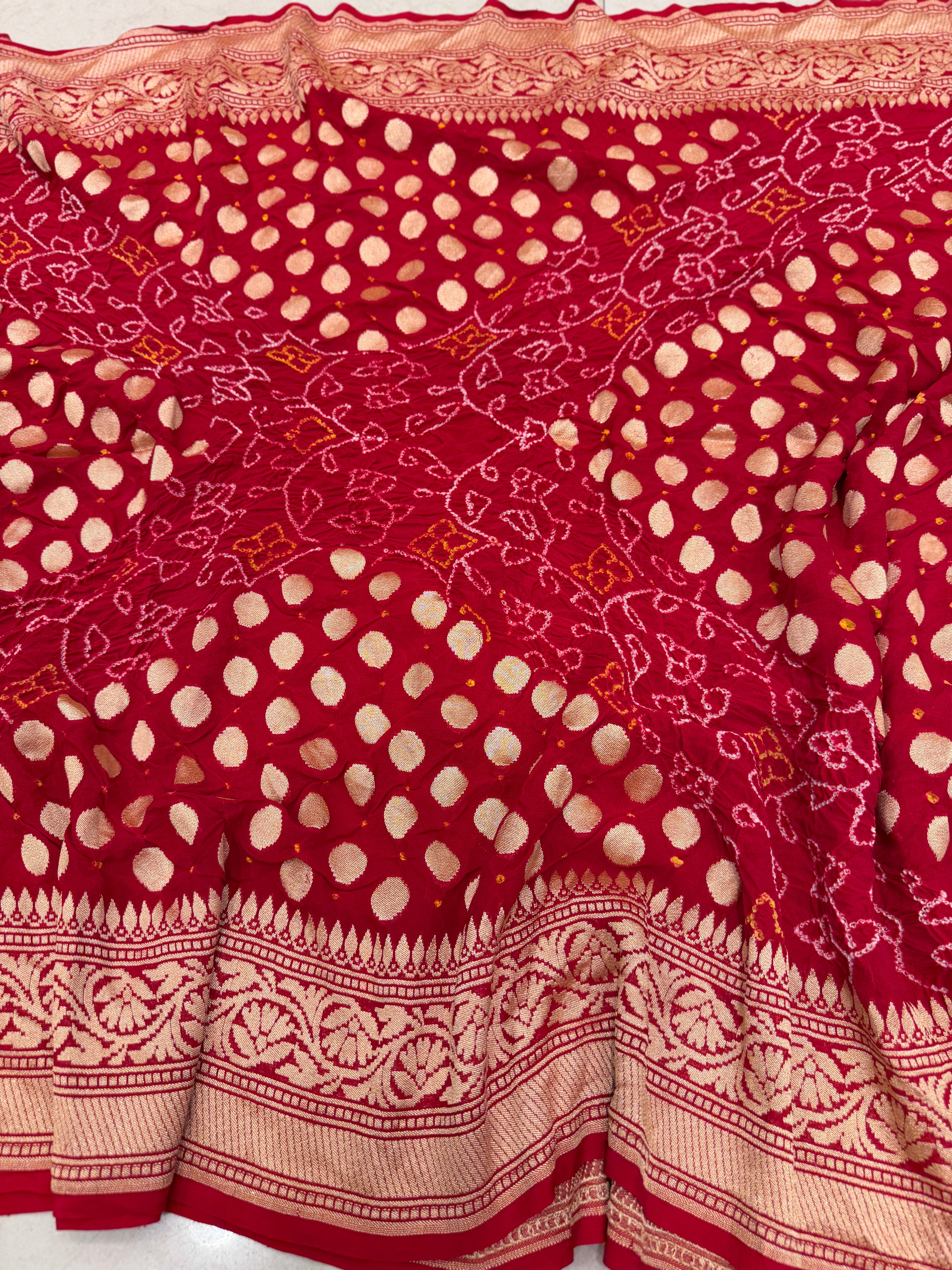 Red Metro Butti Rai Bandhej Banarasi Khaddi Georgette Saree