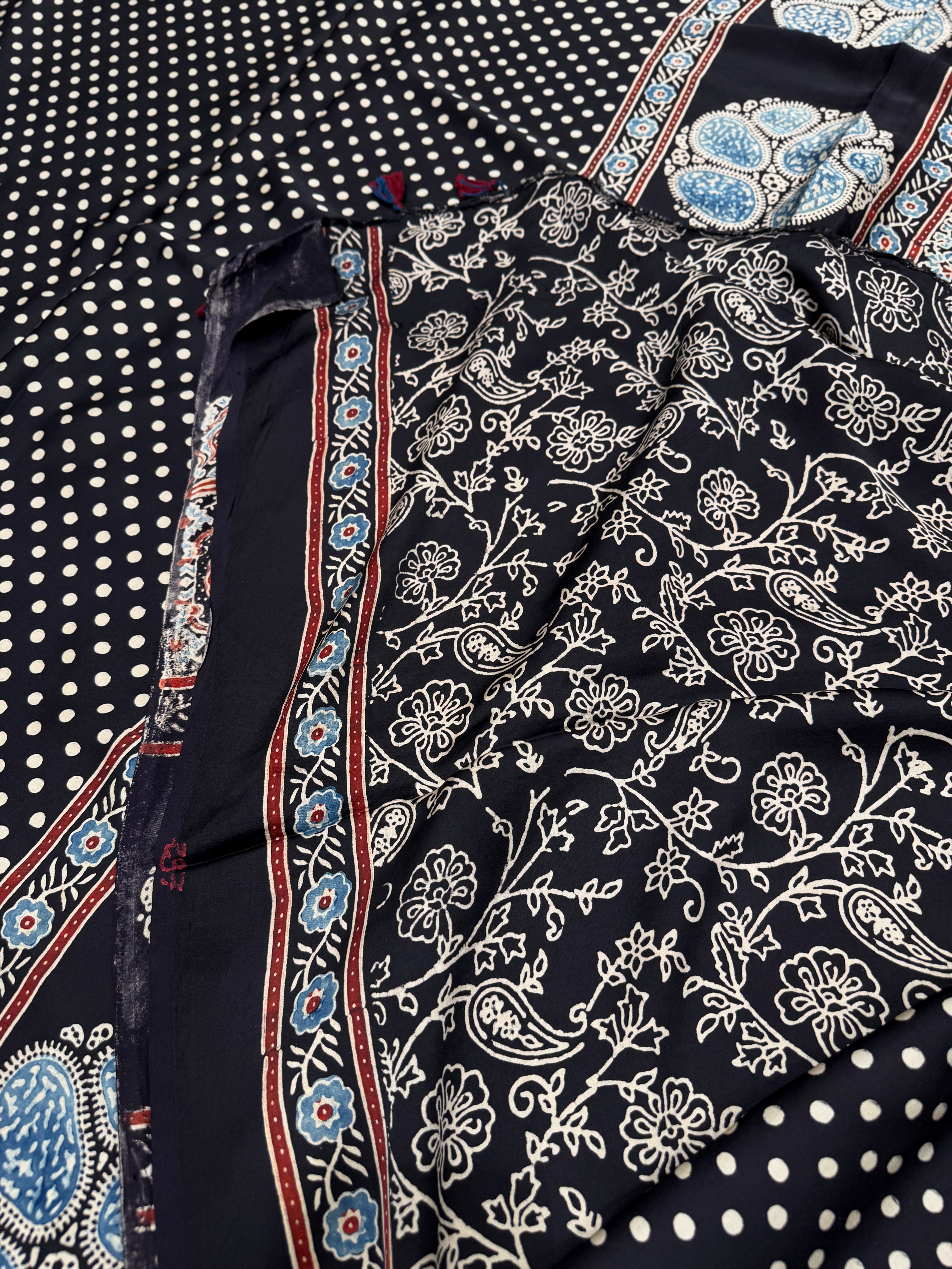 Black Polka Dots Ajrakh Block Print Hand Pure Gajji Silk Saree