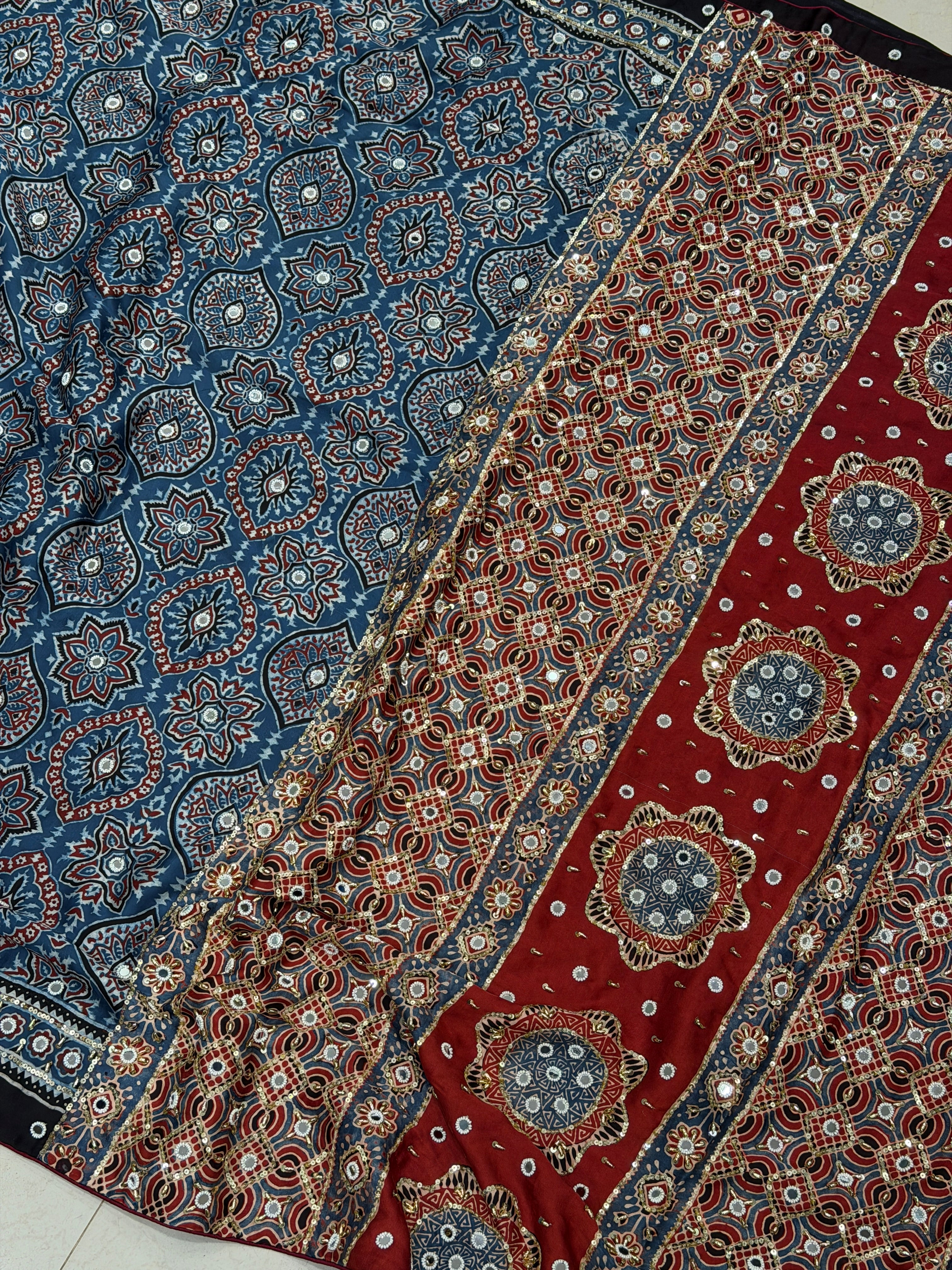 Blue Red Badam Buttis Ajrakh Real Mirror Moti Sequin Hand Embroidery Saree