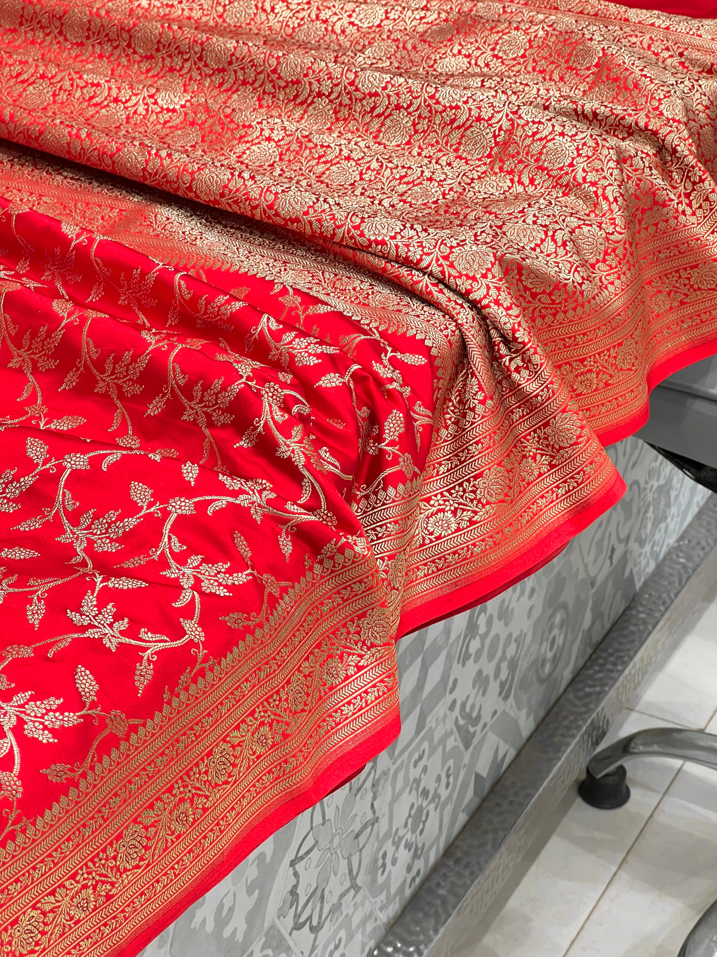 Red Banarasi Silk Pine Jaal Saree