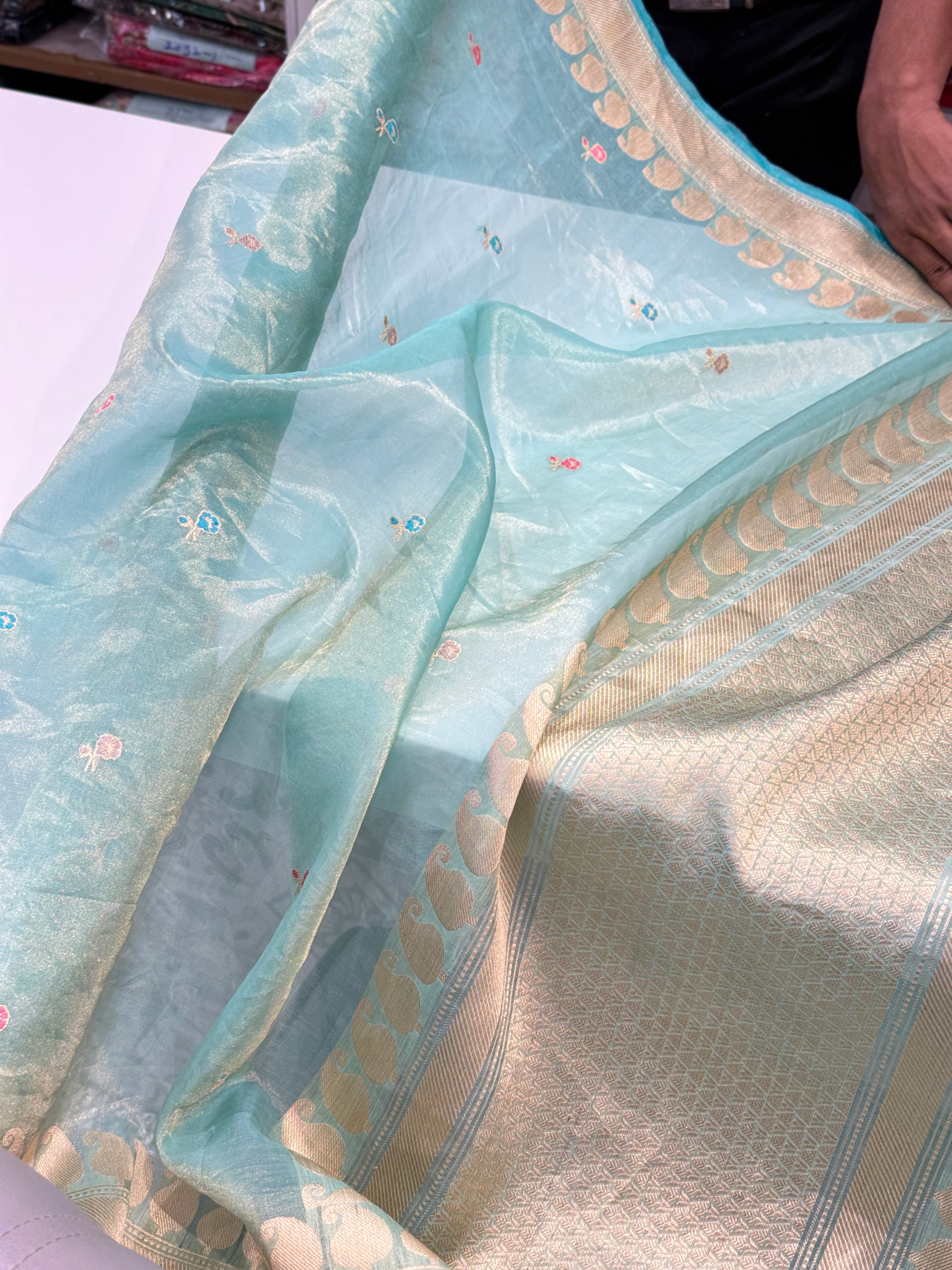 Sea Green Meena Handloom Banarasi Tissue Kadwa Saree